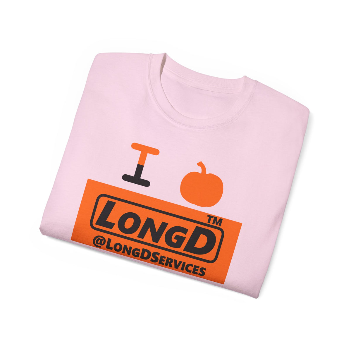 I pumpkin LongD Tag logo positive black on negative orange cotton tee