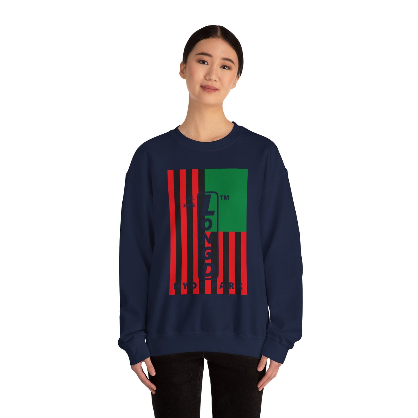 LongD negative cropped flag Hyde Park upright logo crewneck sweatshirt (Juneteenth colors)