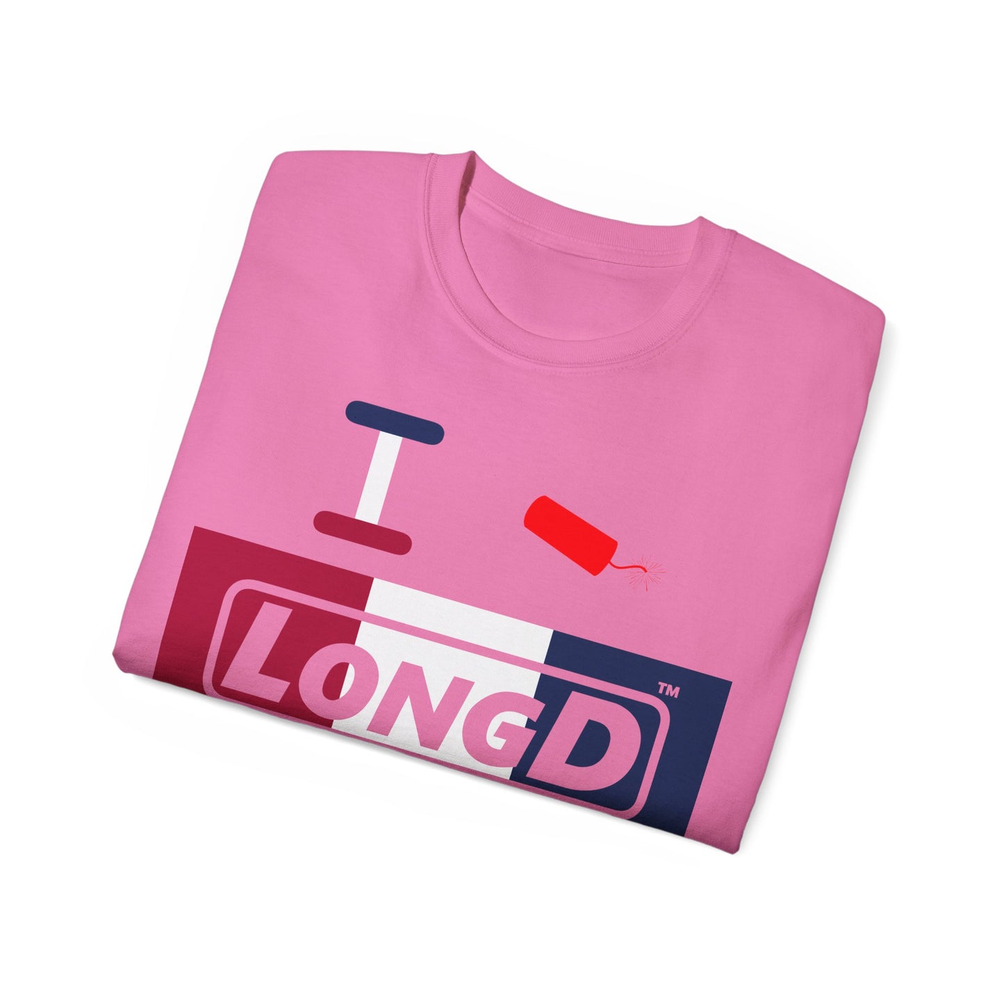 I Firecracker LongD® Logo Cotton Tee Red, White and Blue negative thirds text