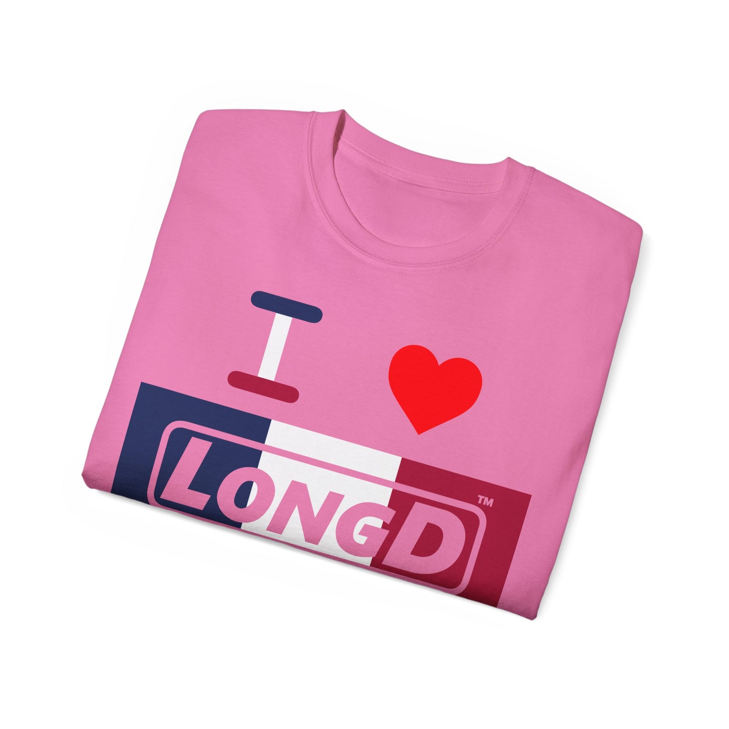 I Luv LongD® Logo Cotton Tee Blue, White and Red negative thirds text