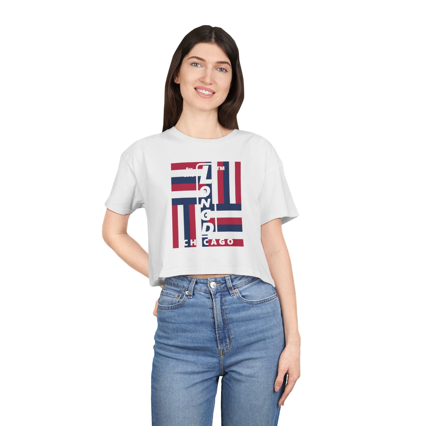 Negative windmill upright front-reversed back Chicago logo crop tee (Patriotic colors)