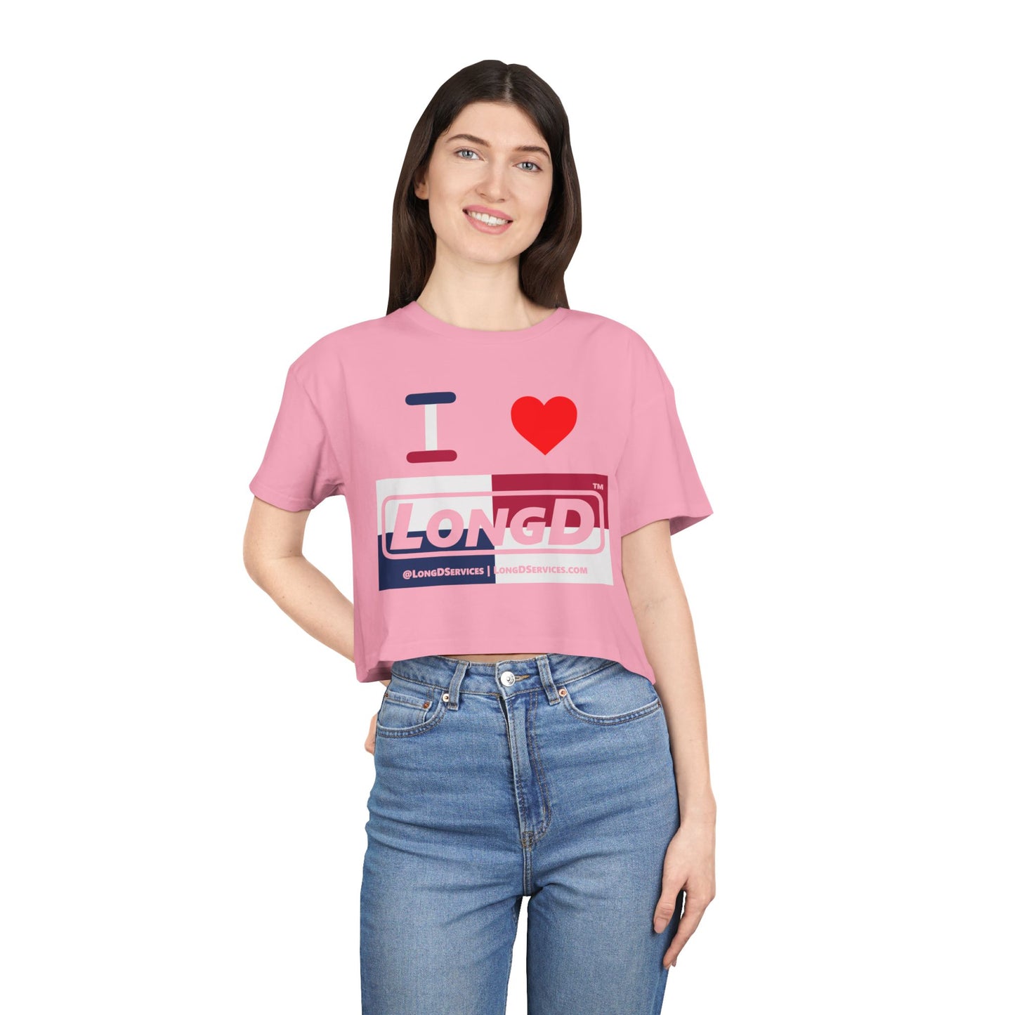 I Luv LongD Logo Women's Crop Tee Red, White & Blue negative quarters