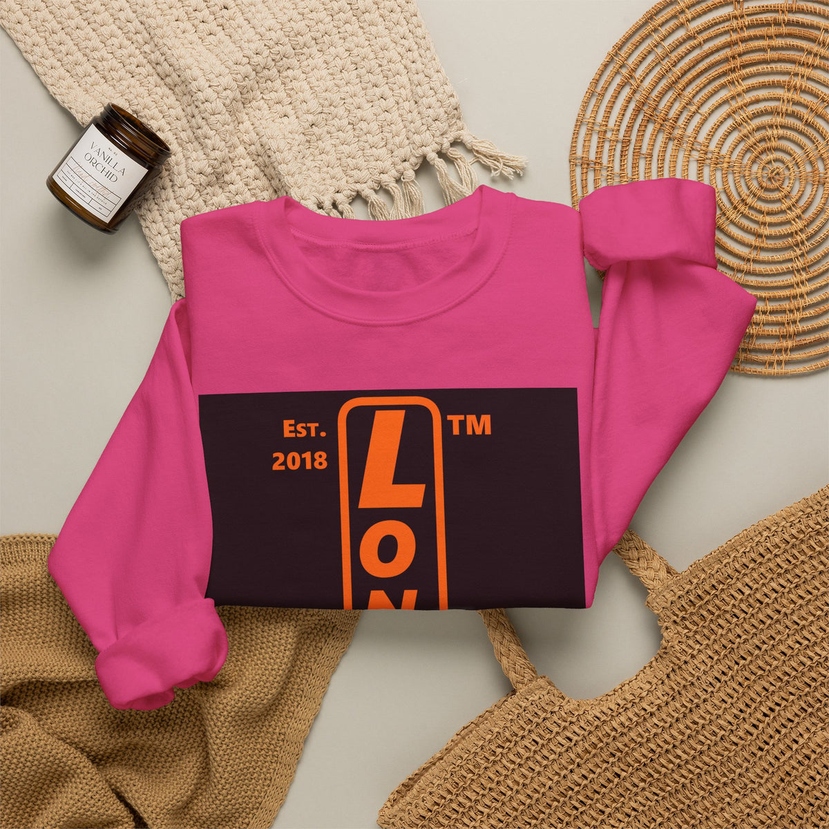 LongD Tag-domain upright front-back logo orange (FE7518) on Black (000000) crewneck sweatshirt