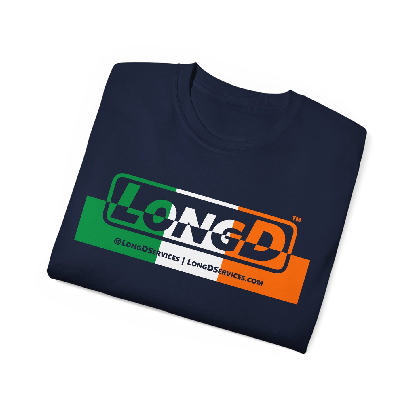 LongD® Logo Cotton Tee (St. Patrick's Day -Irish Green, White and Irish Orange thirds top-bottom positive-negative split)