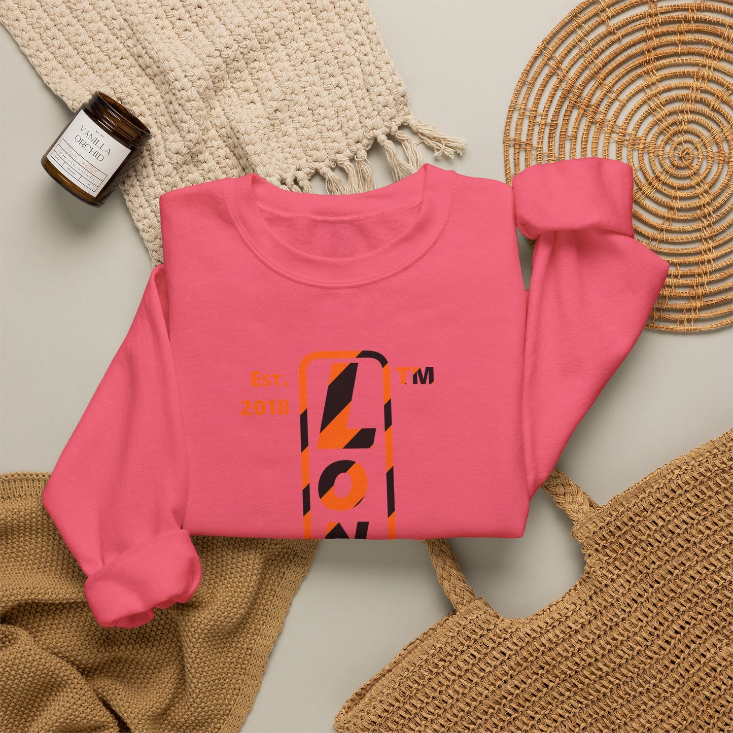 LongD Hyde Park positive upright pixel-weighted 12-striped 4-print logo (Halloween colors) crewneck sweatshirt