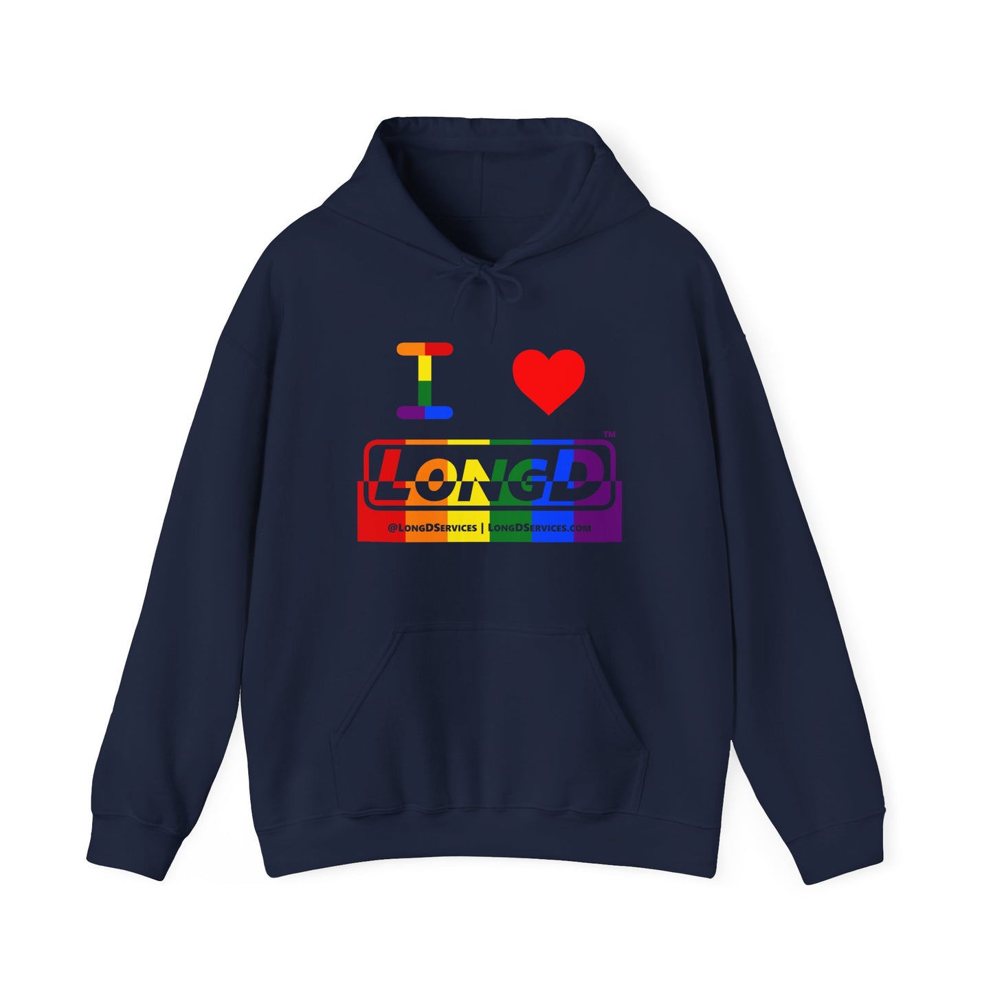 I Luv LongD® Logo Hoodie with Pride rainbow positive top negative bottom text