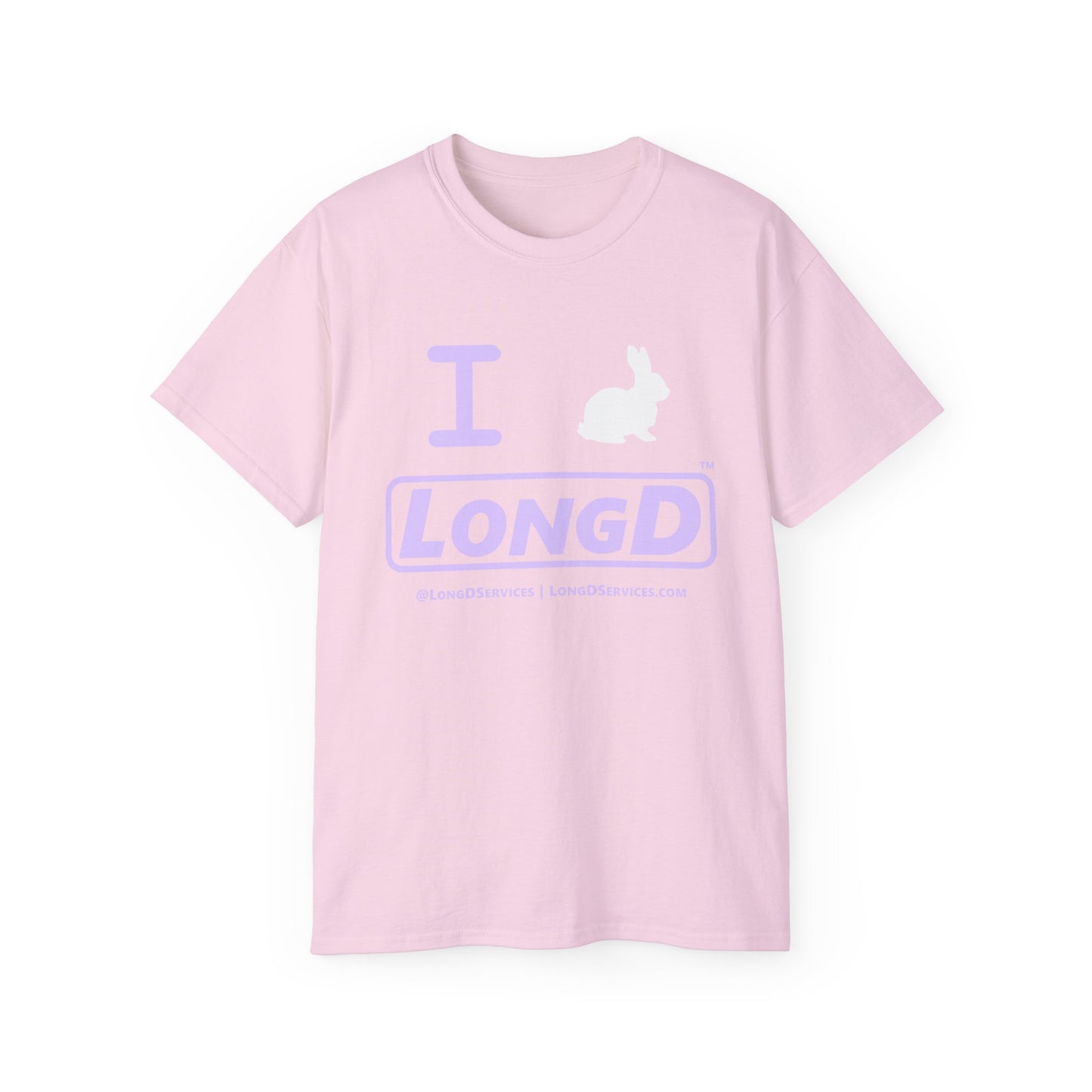 I Bunny LongD® Logo Cotton Tee Easter pastel purple text (white Easter Bunny)