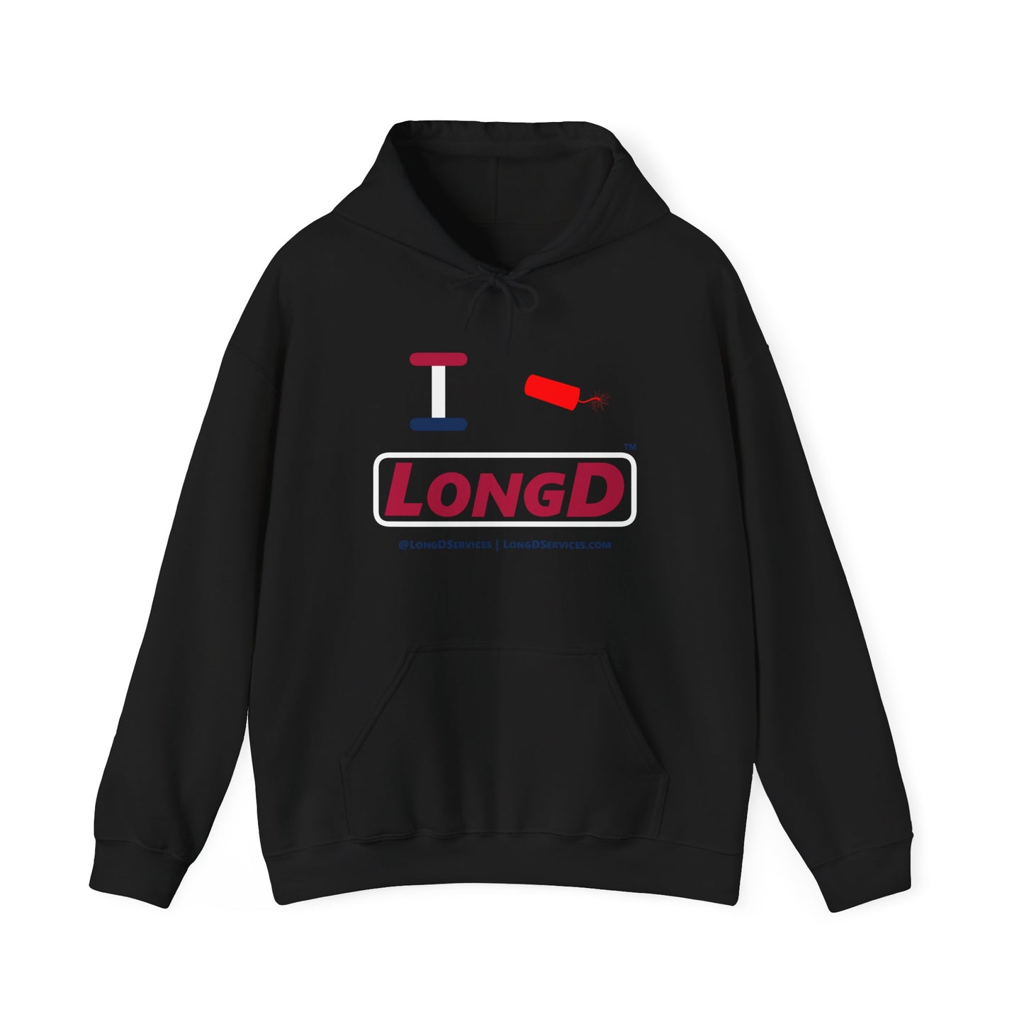 I Firecracker LongD® Logo Hoodie red, white and blue positive elements