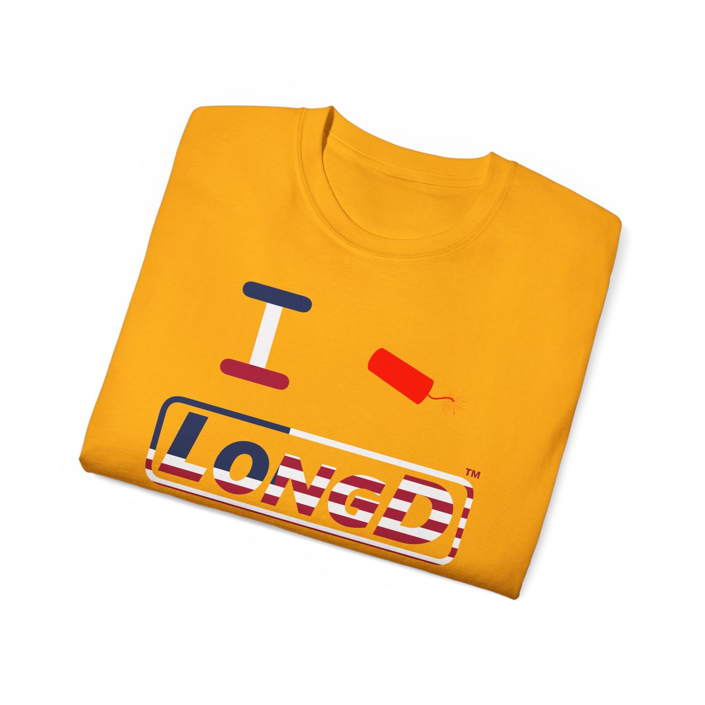 I Firecracker LongD® Logo Cotton Tee Red, White and Blue positive flag