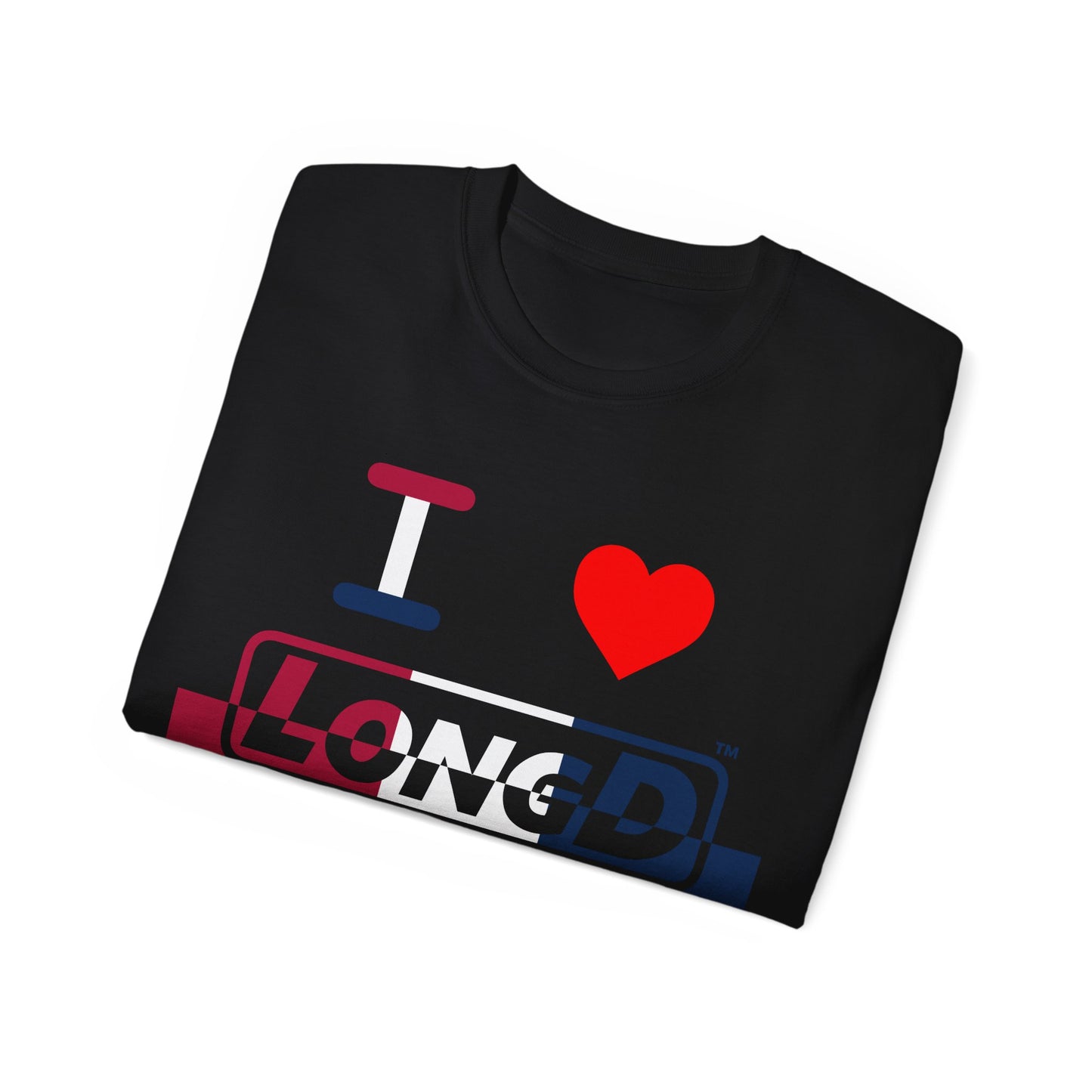 I Luv LongD® Logo Cotton Tee Red, White and Blue positive top negative bottom split thirds text