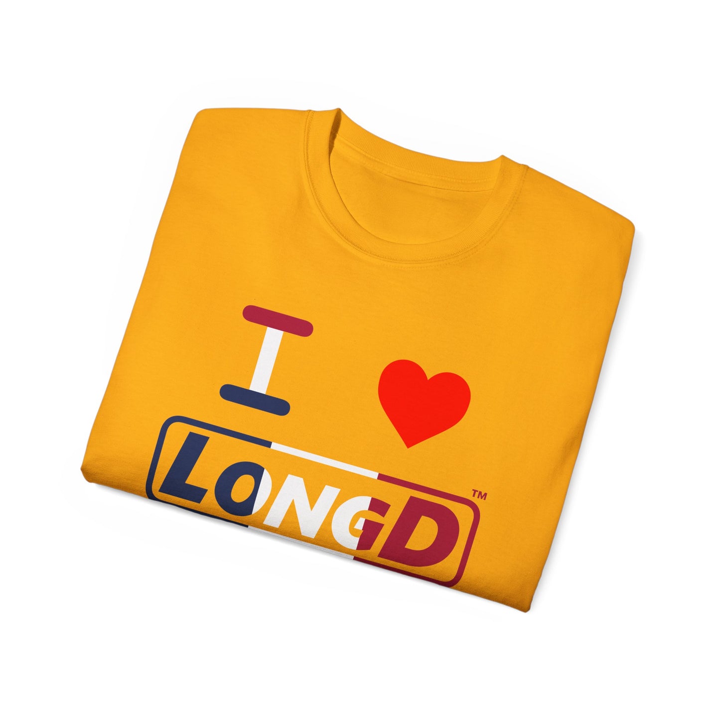 I Luv LongD® Logo Cotton Tee Blue, White and Red positive thirds text