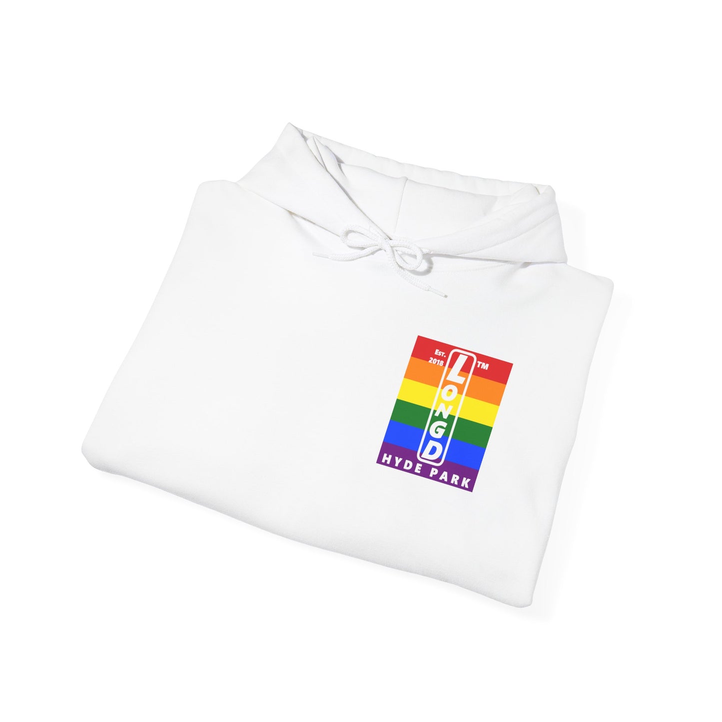 LongD single-breasted negative vertical 6-striped front-back upright Hyde Park logo hoodie (Pride colors)