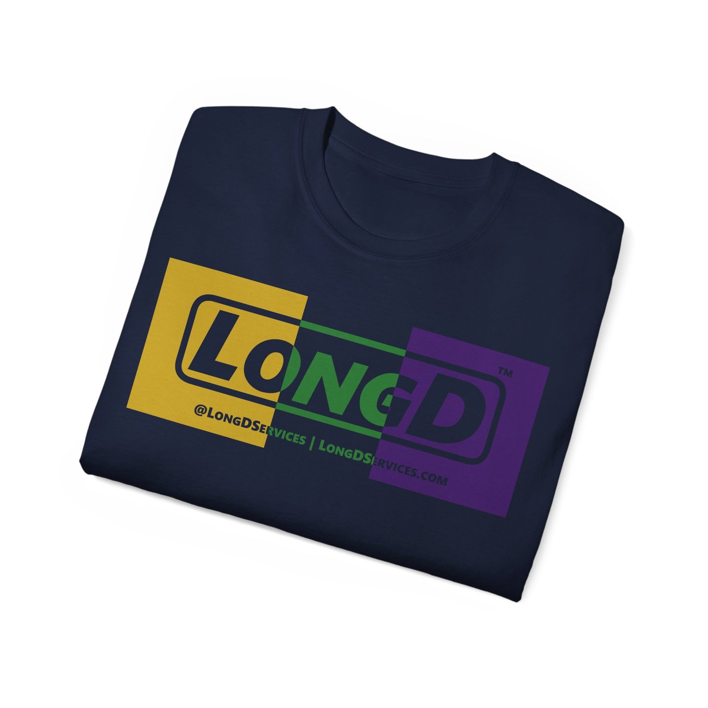 LongD® Logo Cotton Tee (positive center and negative outer Mardi Gras colored text)