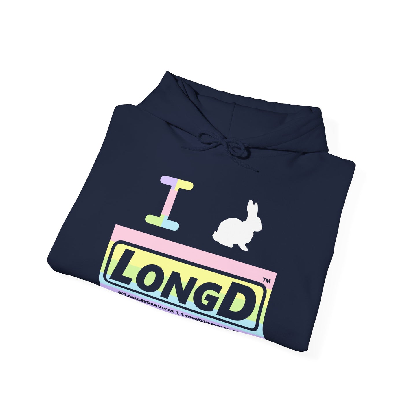 I Bunny LongD® Logo Hoodie Pastel striped negative text (White Easter Bunny)