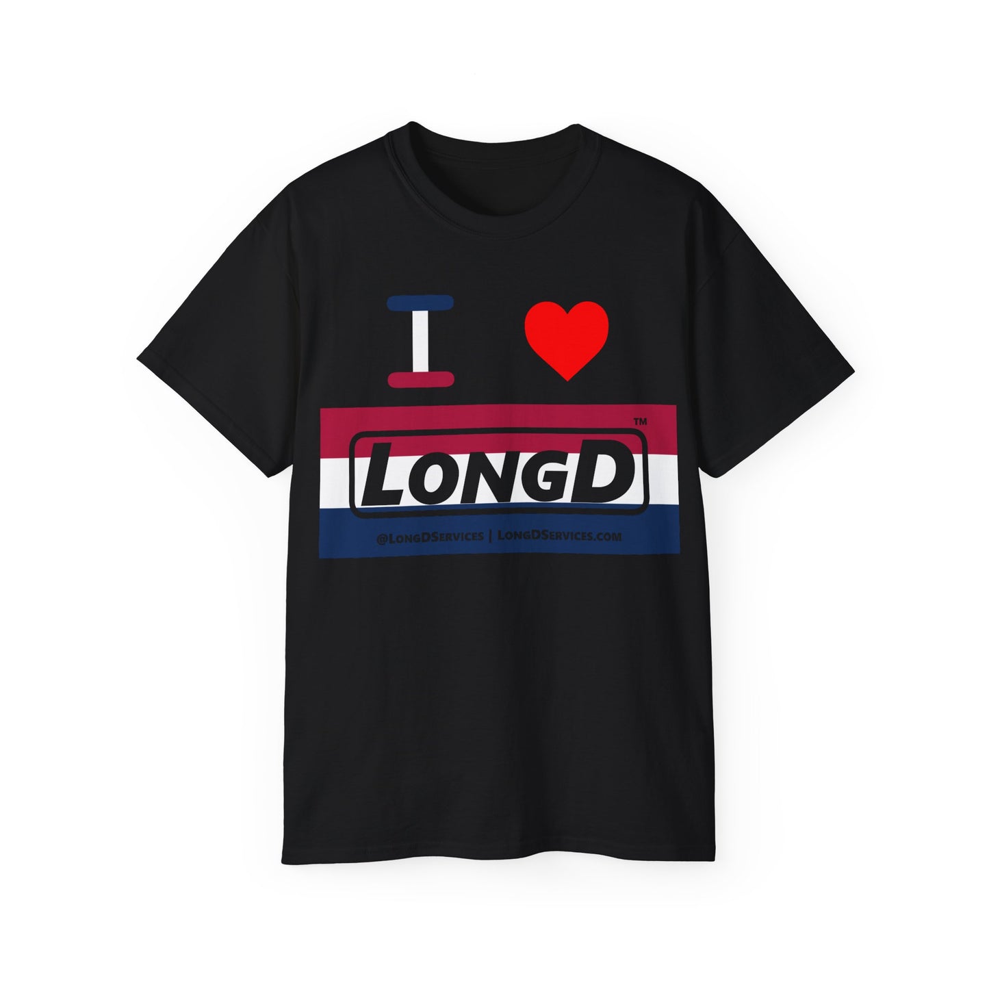 I Luv LongD® Logo Cotton Tee Red, White and Blue striped thirds text