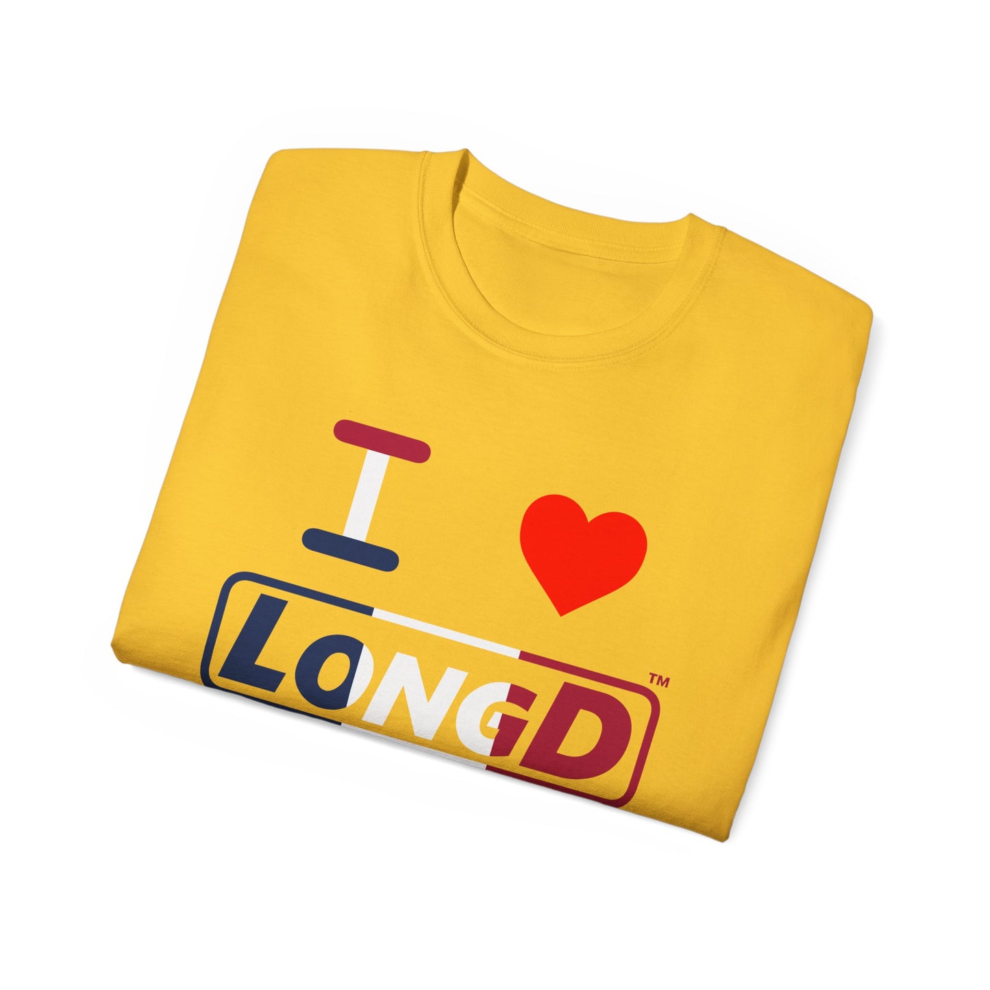 I Luv LongD® Logo Cotton Tee Blue, White and Red positive thirds text