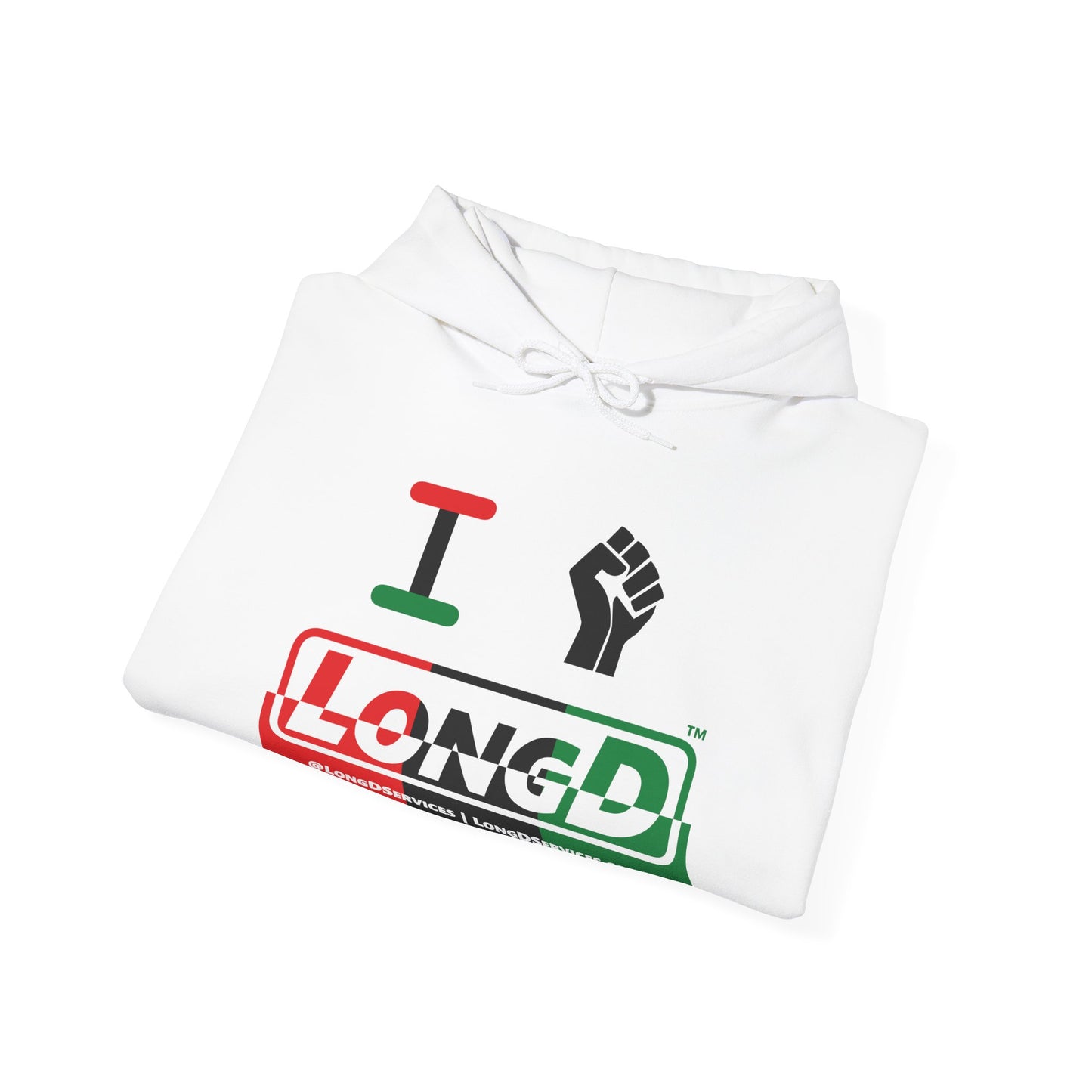 I Fist LongD® Logo Hoodie with Juneteenth black fist positive top negative bottom text
