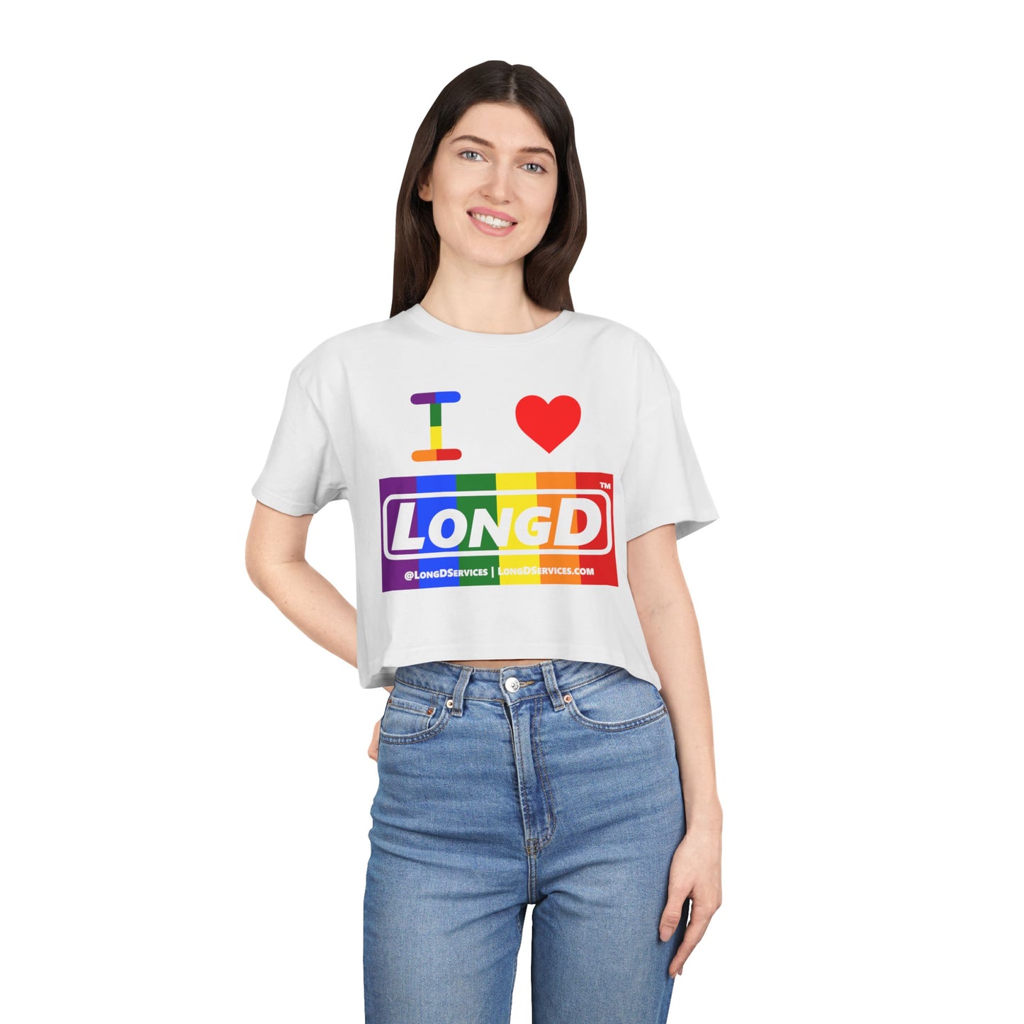 I Luv LongD Logo Women's Crop Tee (Pride color rainbow negative logo)