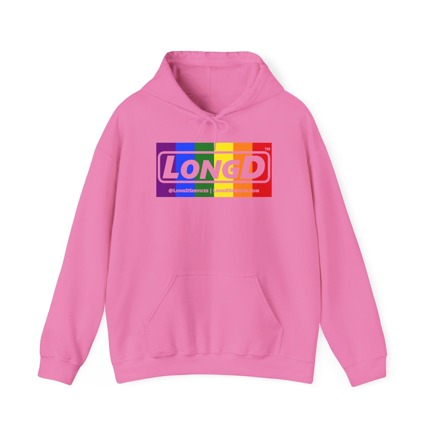 LongD® Logo Hoodie with Pride rainbow negative text