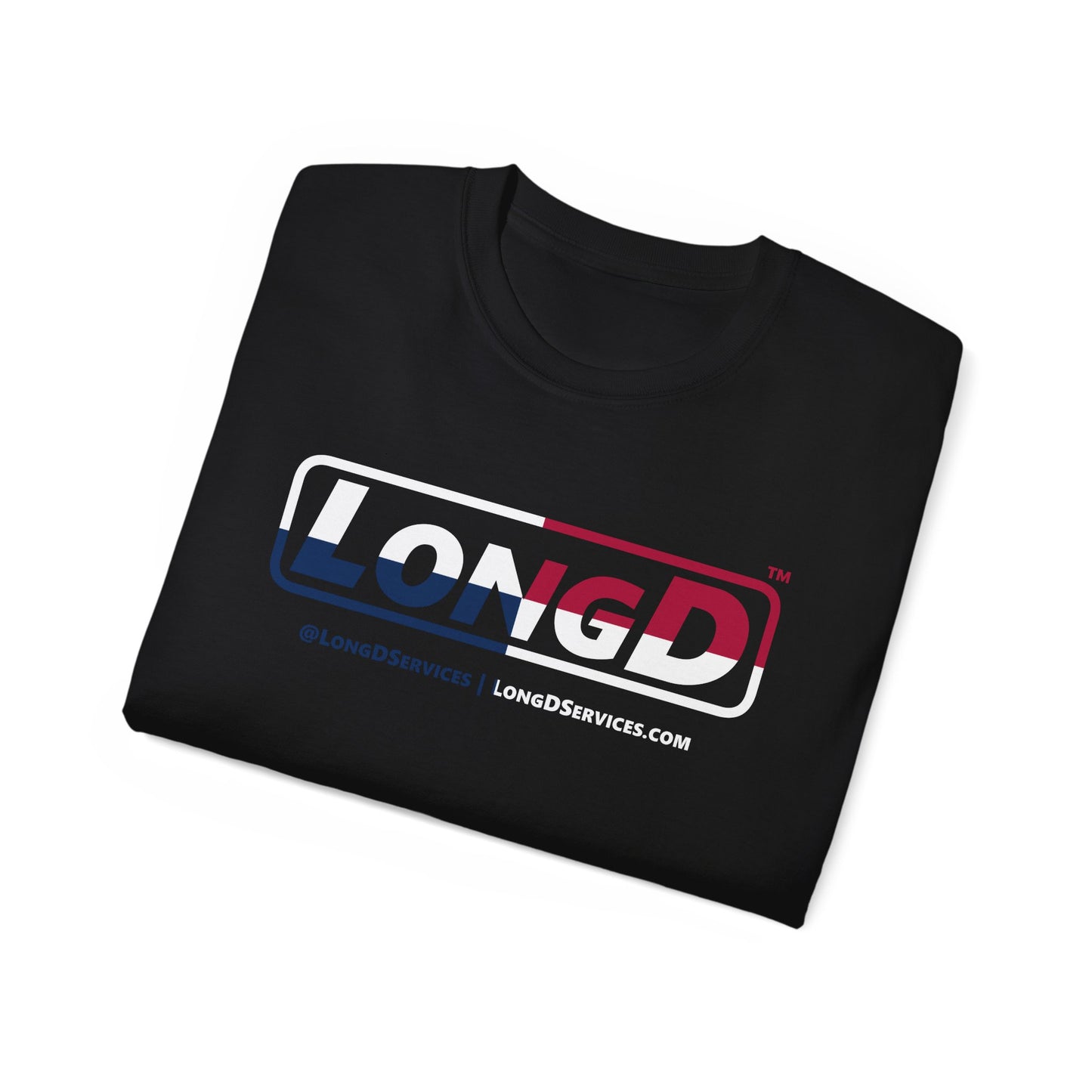 LongD® Logo Cotton Tee Red, White and Blue positive quarters text