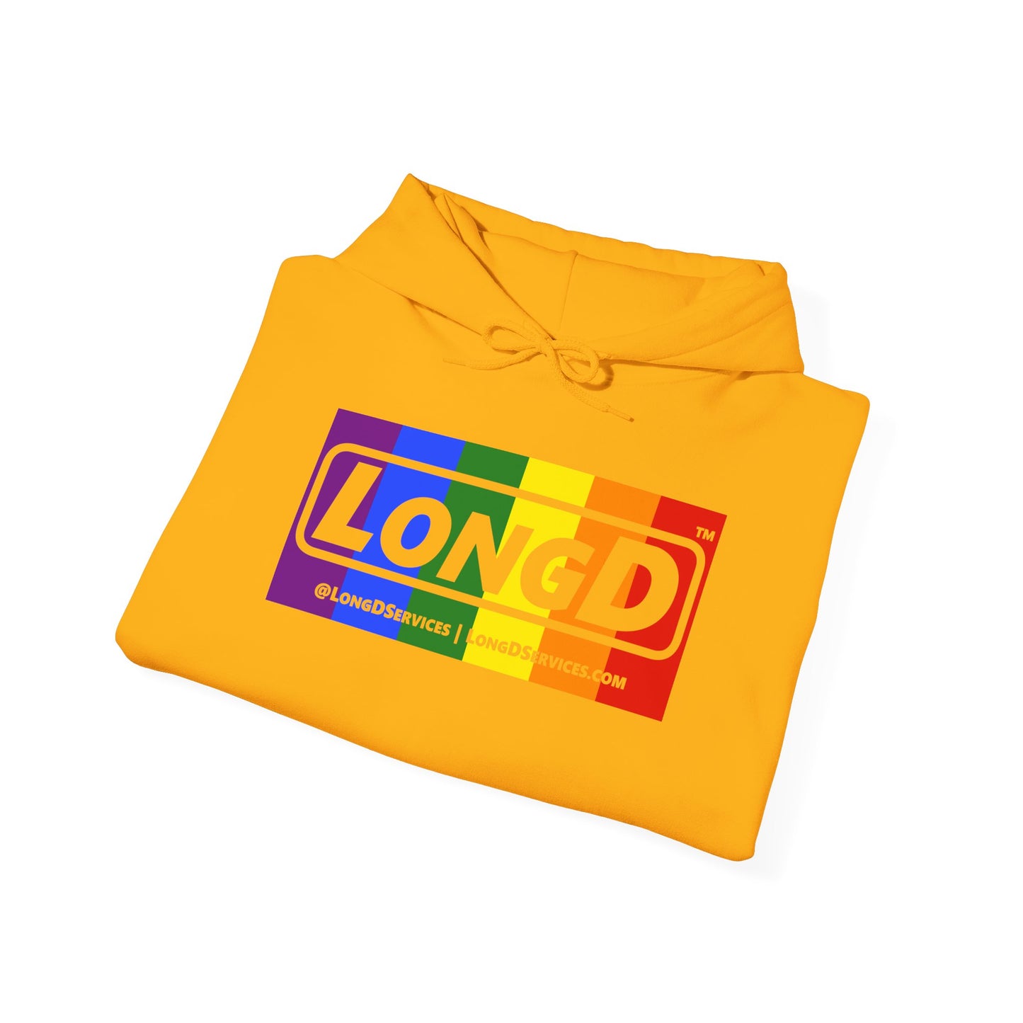 LongD® Logo Hoodie with Pride rainbow negative text