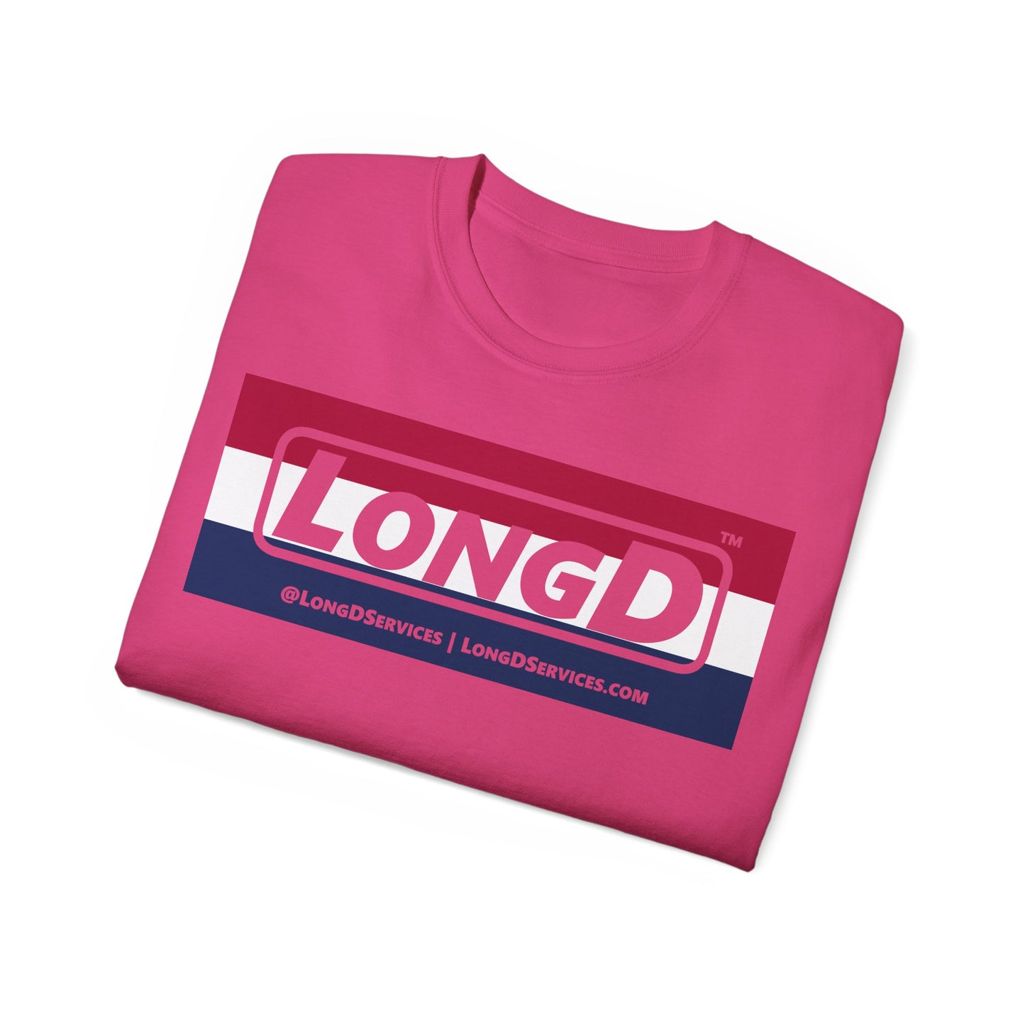 LongD® Logo Cotton Tee Red, White and Blue striped thirds negative text