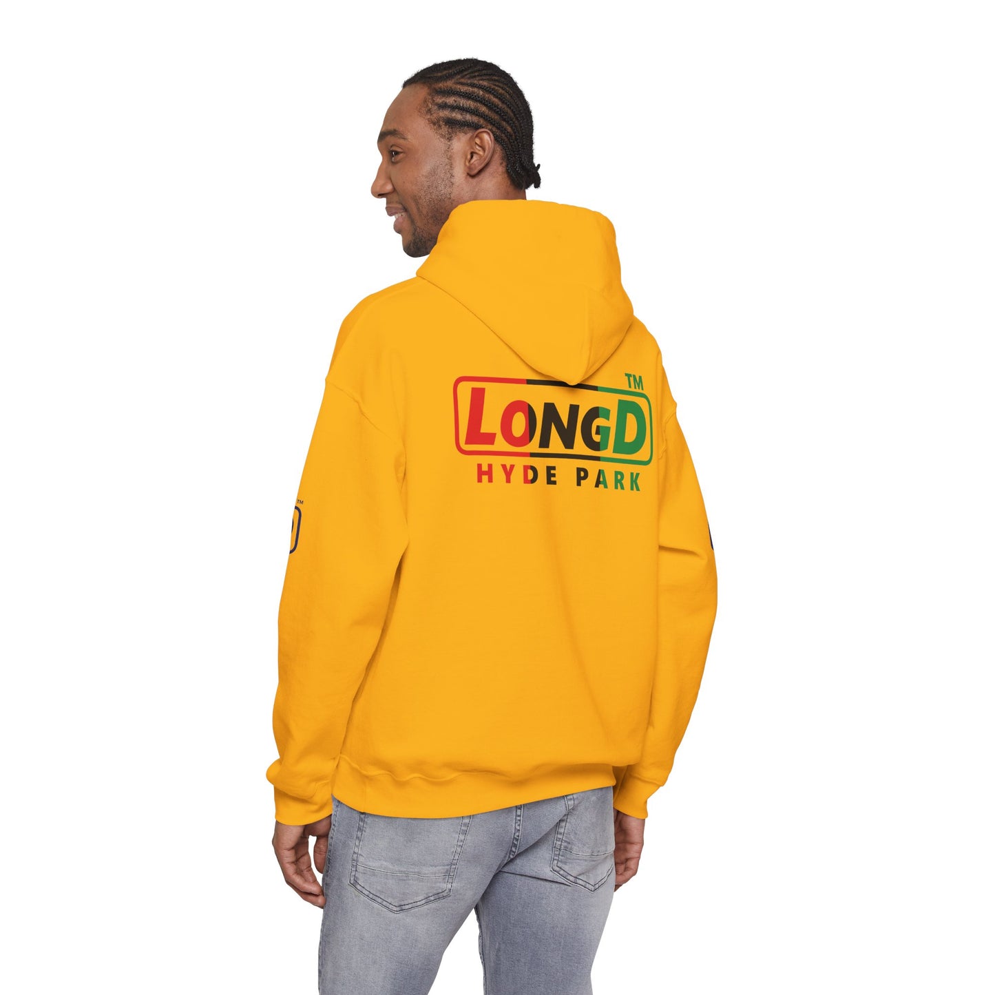 LongD® positive vertical 3-striped 4-print single-breasted Hyde Park logo Hoodie (Juneteenth colors)