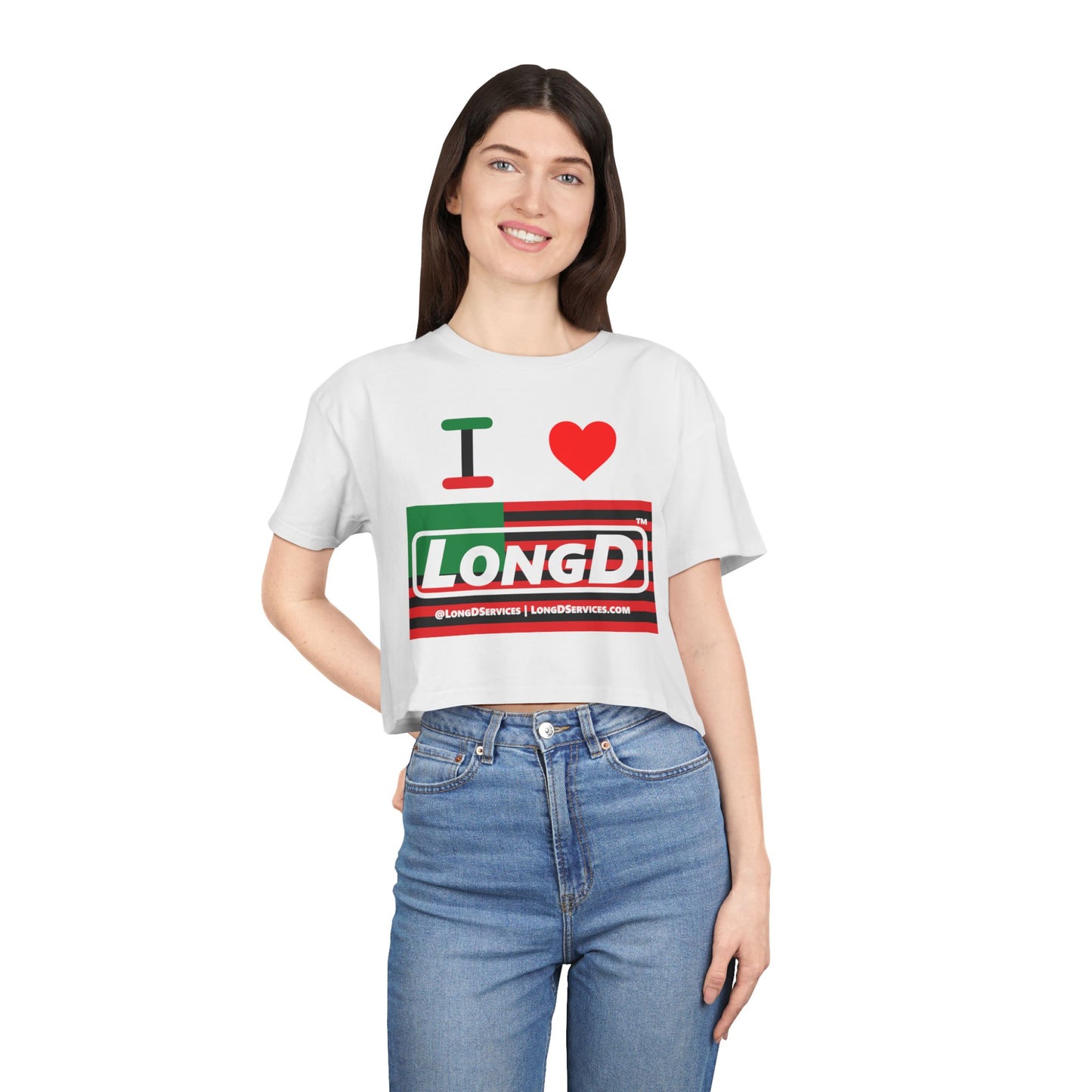 I Luv LongD Logo Women's Crop Tee (Juneteenth negative flag logo)