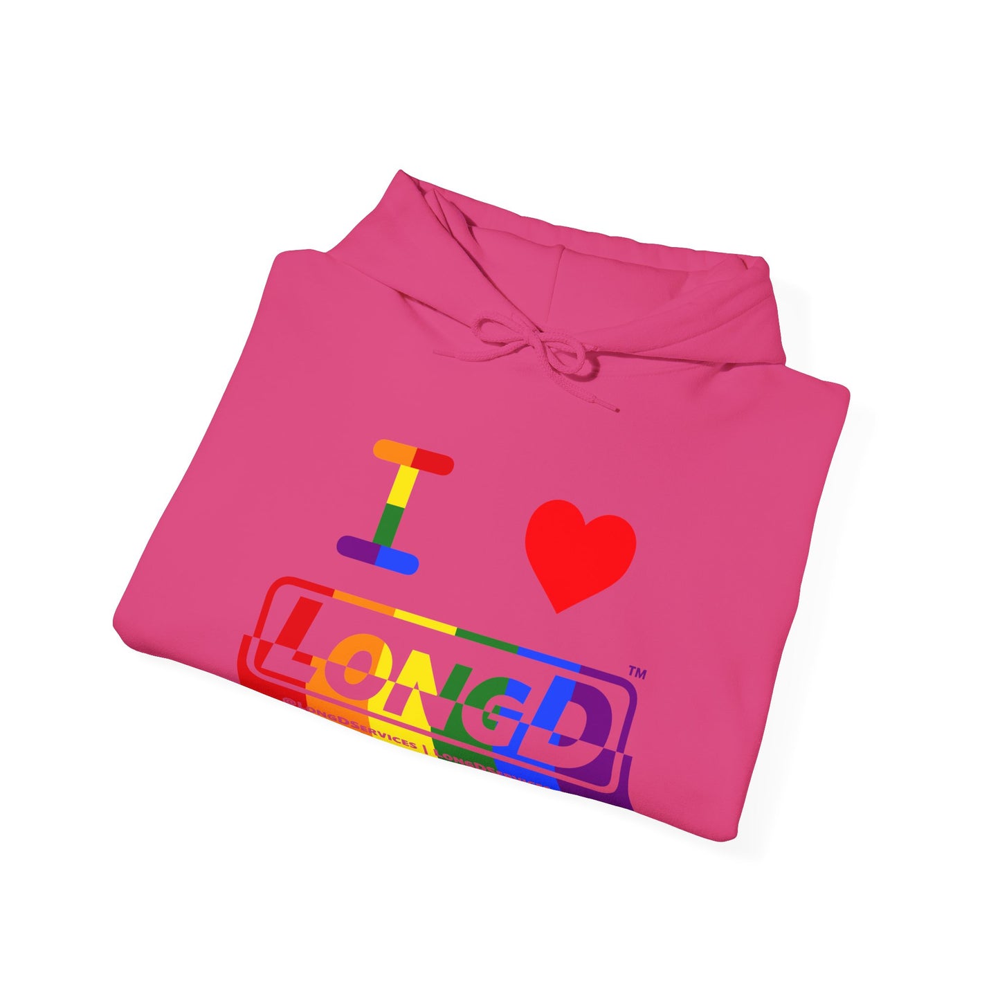 I Luv LongD® Logo Hoodie with Pride rainbow positive top negative bottom text