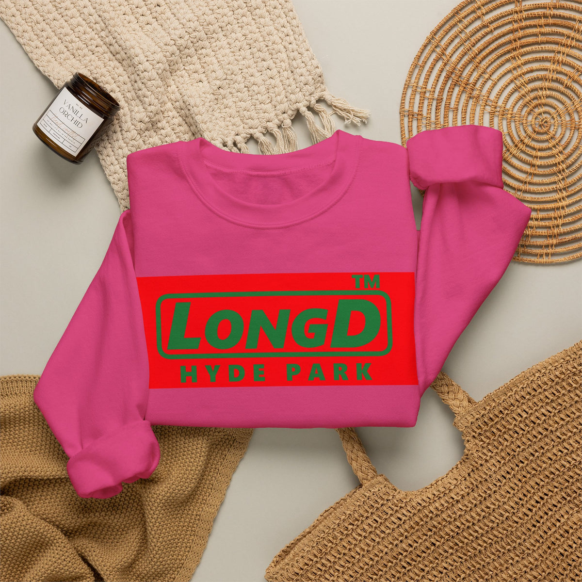 LongD Hyde Park logo positive green on negative red (Xmas colors) crewneck sweatshirt