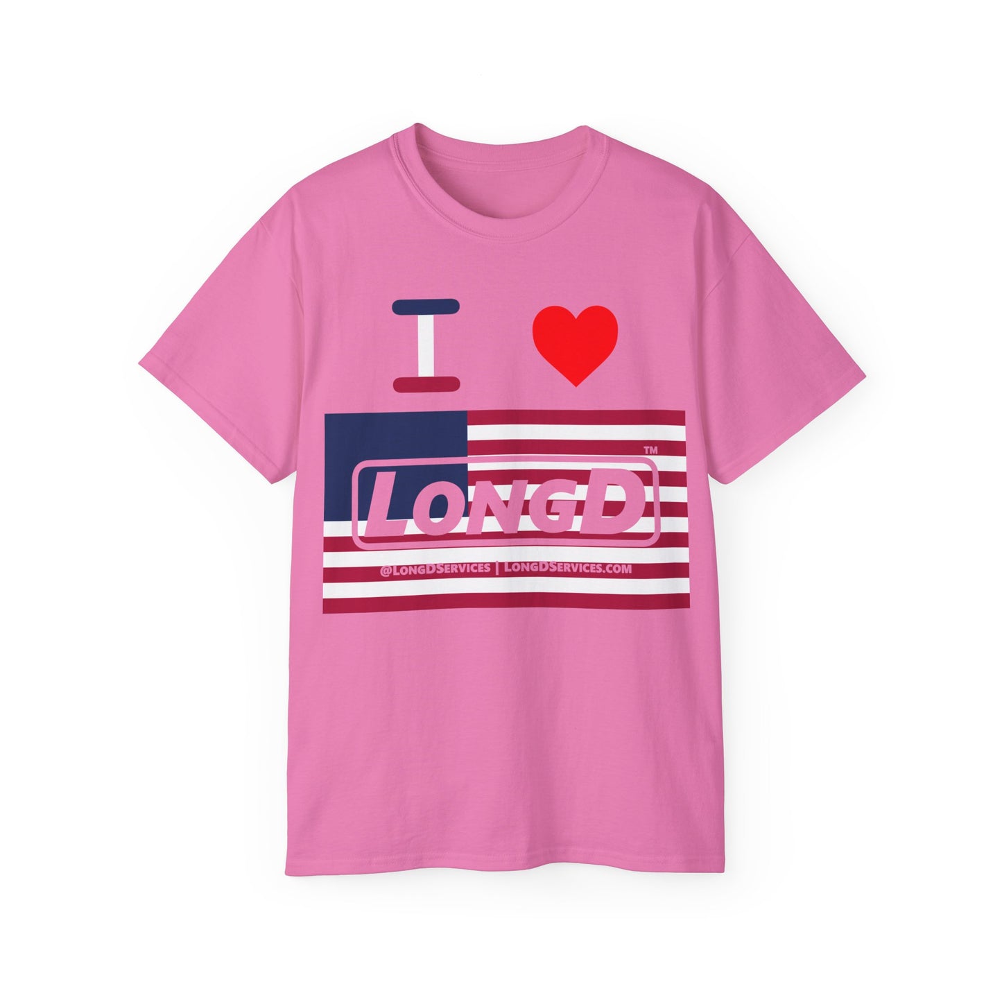 I Luv LongD® Logo Cotton Tee Red, White and Blue negative flag text
