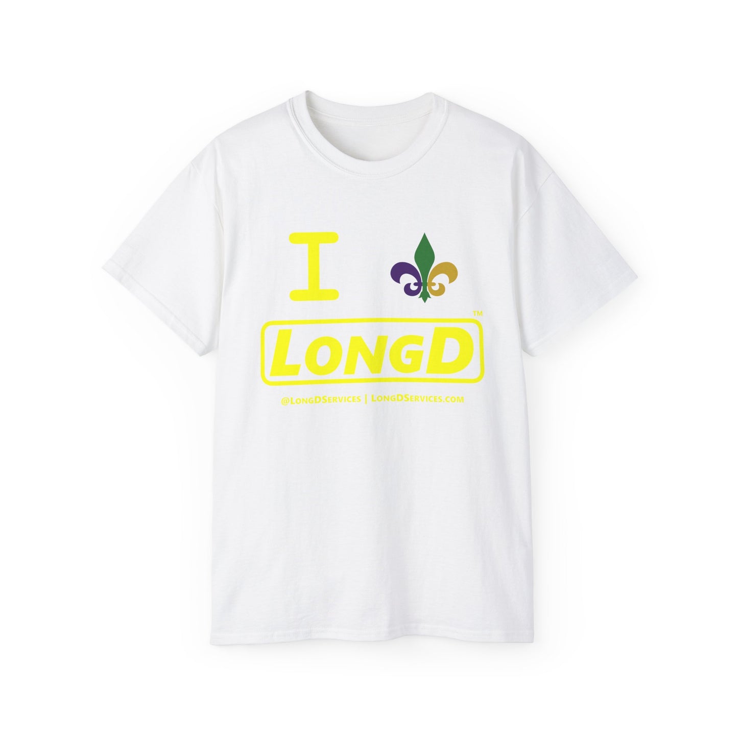 I Fleur LongD® Logo Cotton Tee (yellow text & Mardi Gras colored fleur de lis)