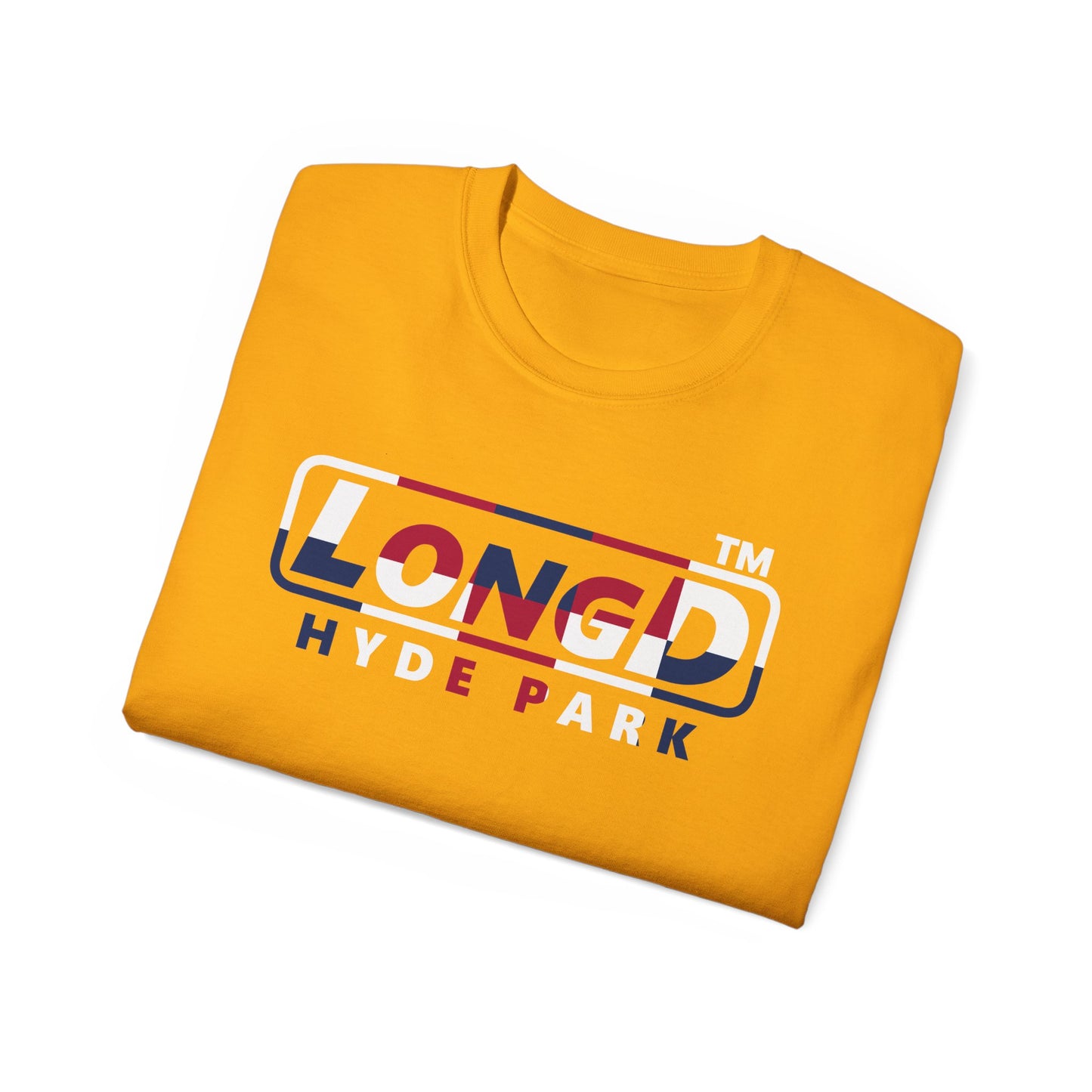LongD positive 2x5 front-back Hyde Park logo cotton tee (patriotic colors)