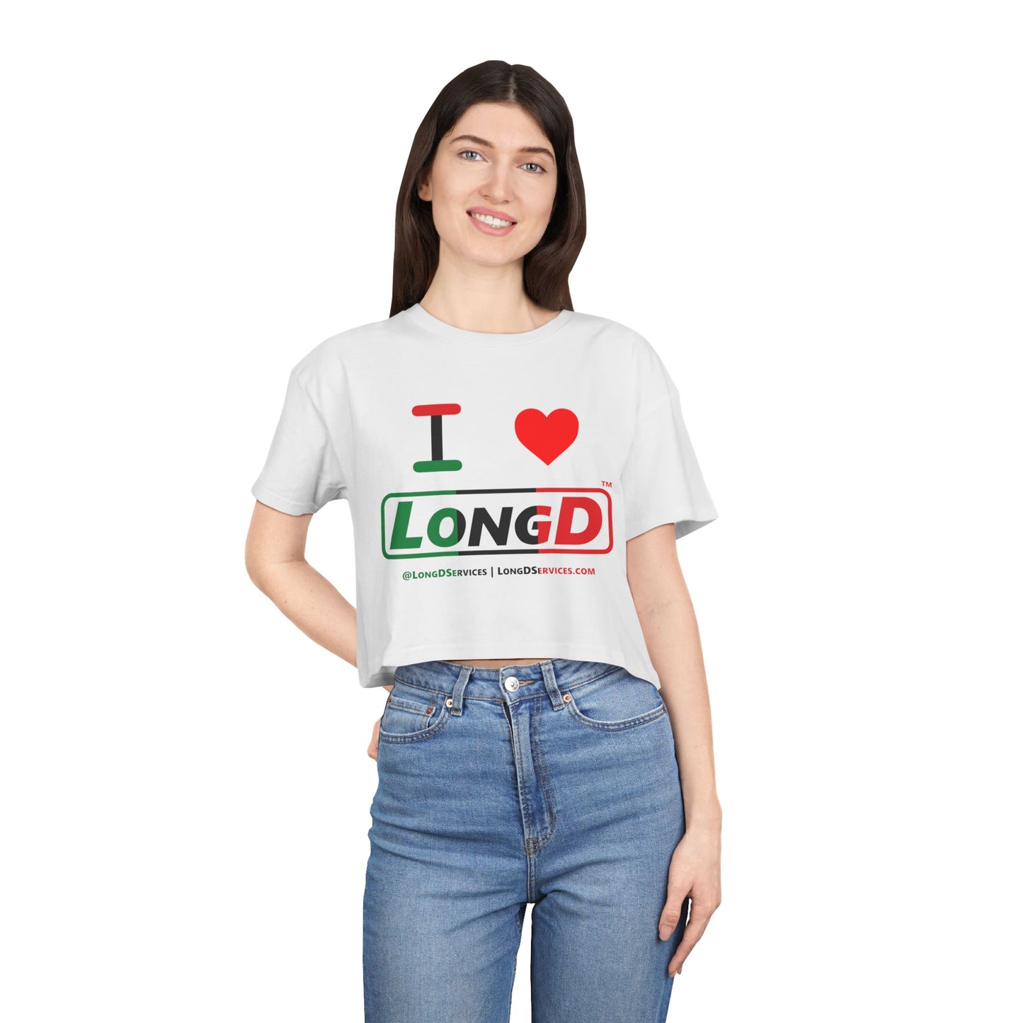 I Luv LongD Logo Women's Crop Tee (Juneteenth positive thirds logo)
