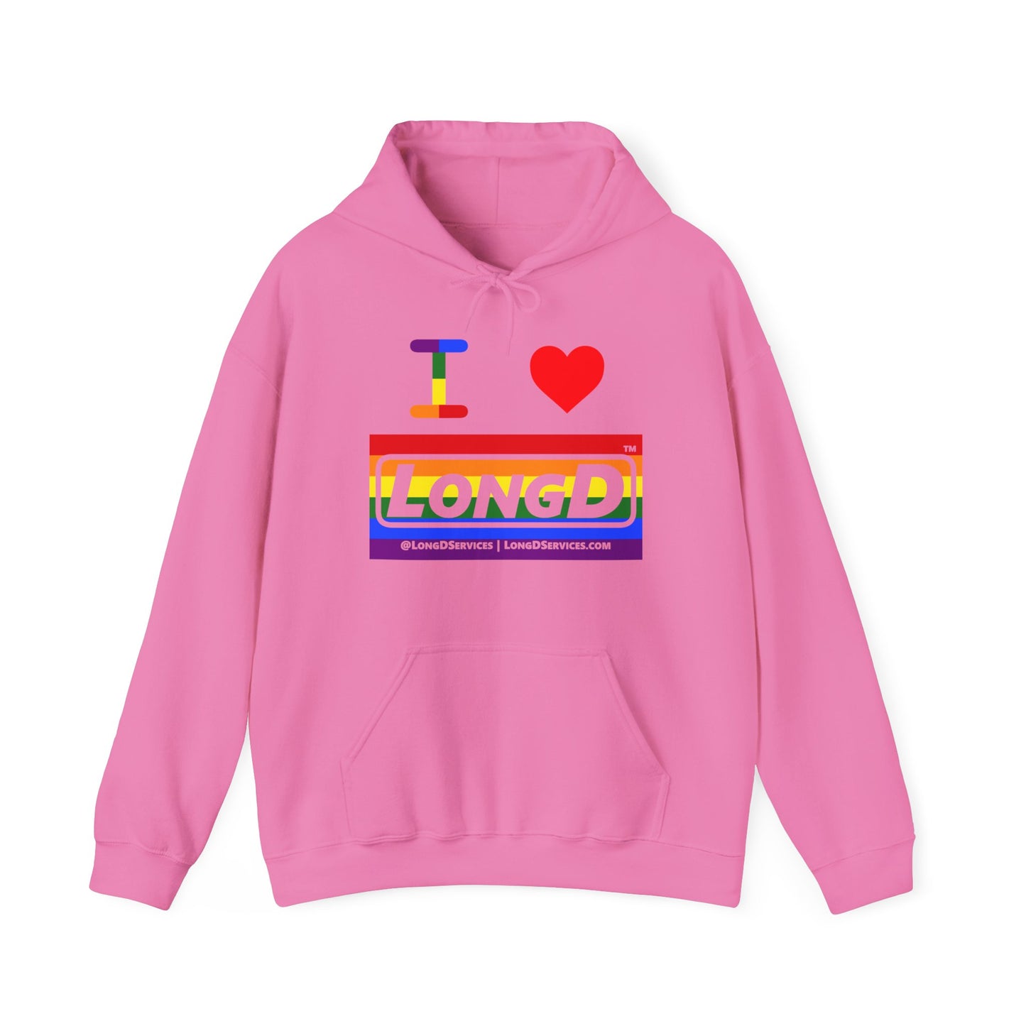 I Luv LongD® Logo Hoodie with Pride rainbow striped negative text