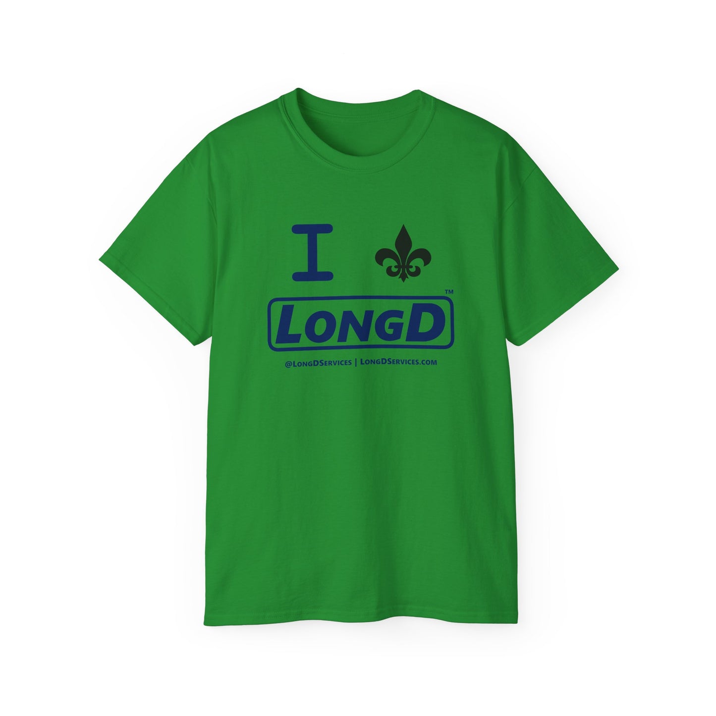 I Fleur LongD® Logo Cotton Tee (blue text & black fleur de lis)