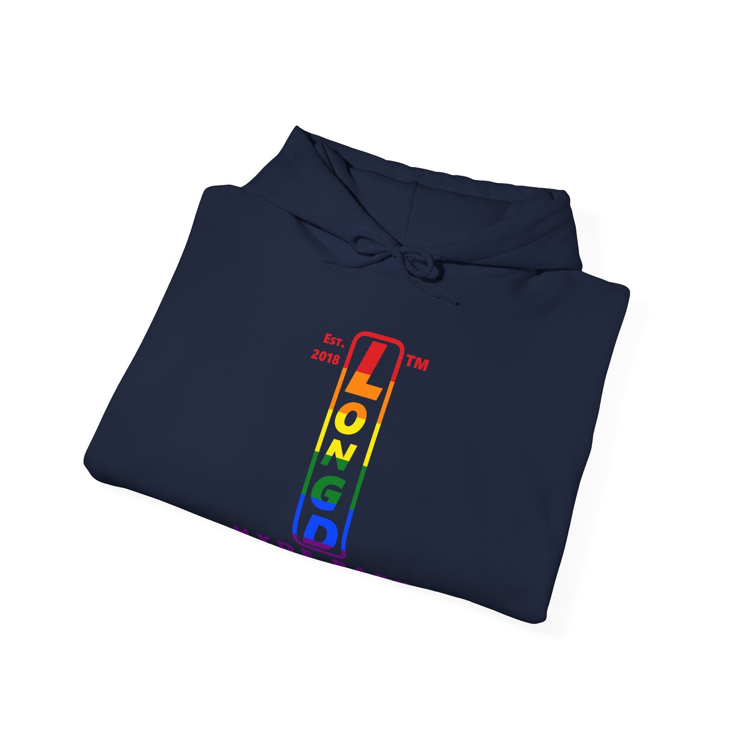 LongD® positive horizontal 6-striped Hyde Park 4-print upright logo hoodie (Pride colors)