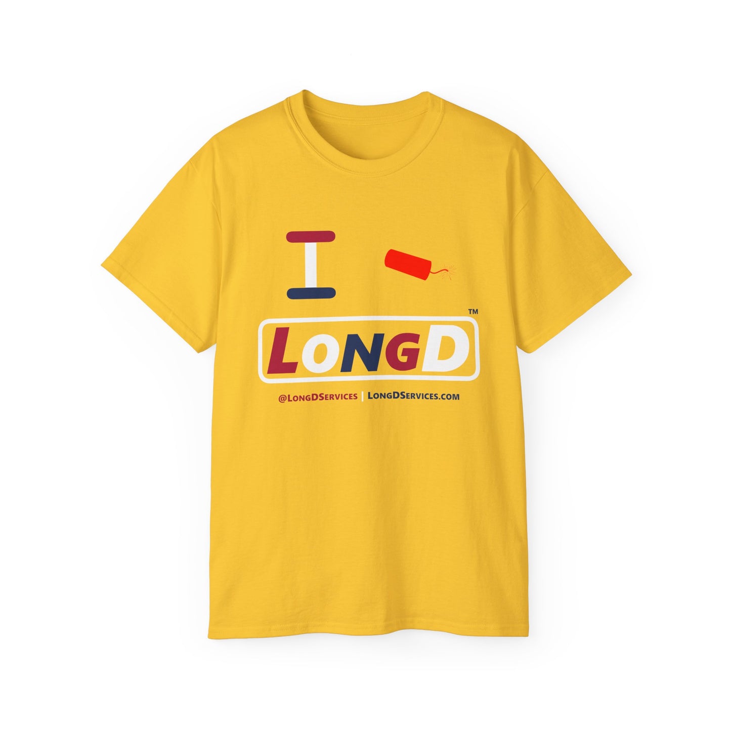 I Firecracker LongD® Logo Cotton Tee Red, White and Blue positive varied elements text