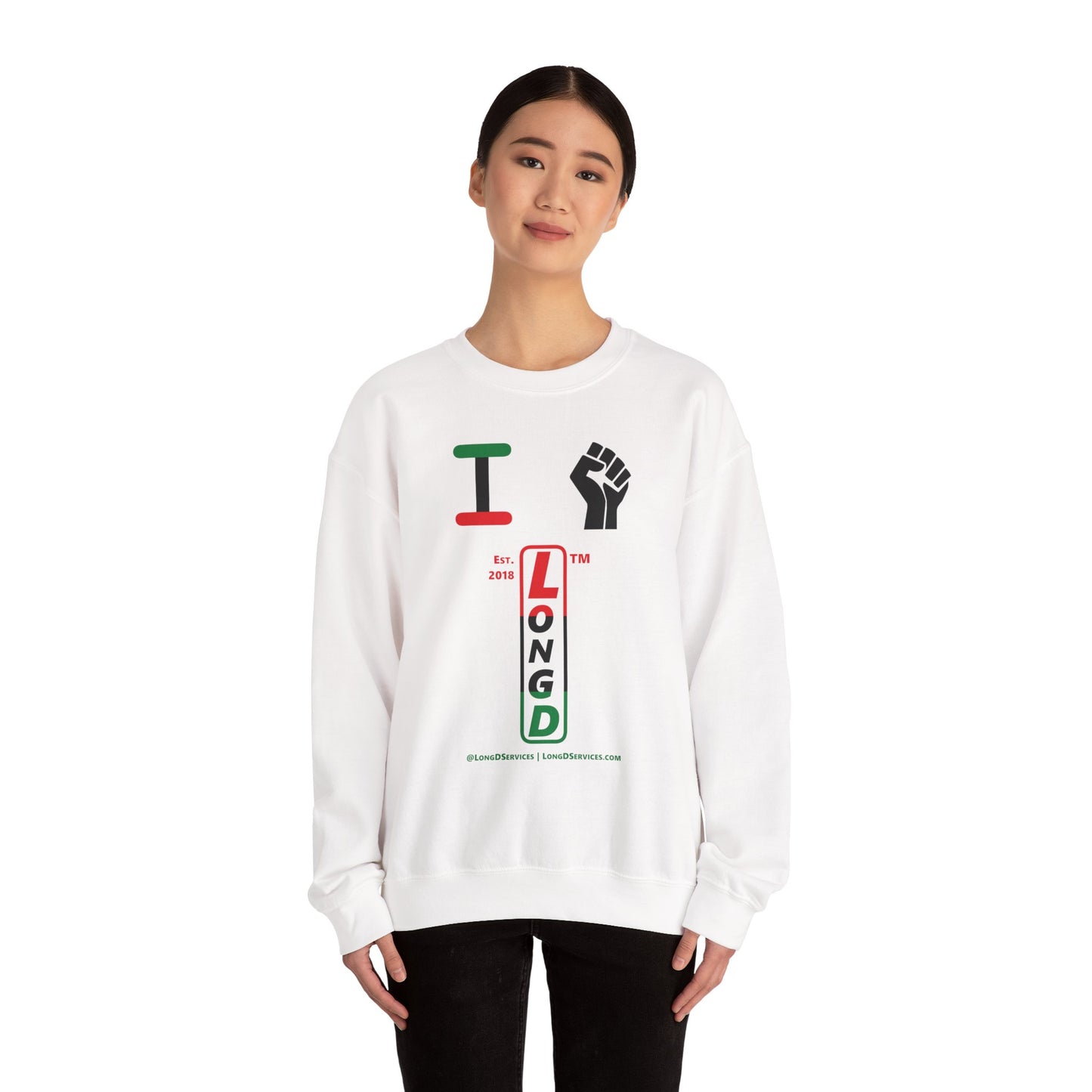 I Fist LongD positive horizontal 3-striped tag-domain upright logo crewneck sweatshirt