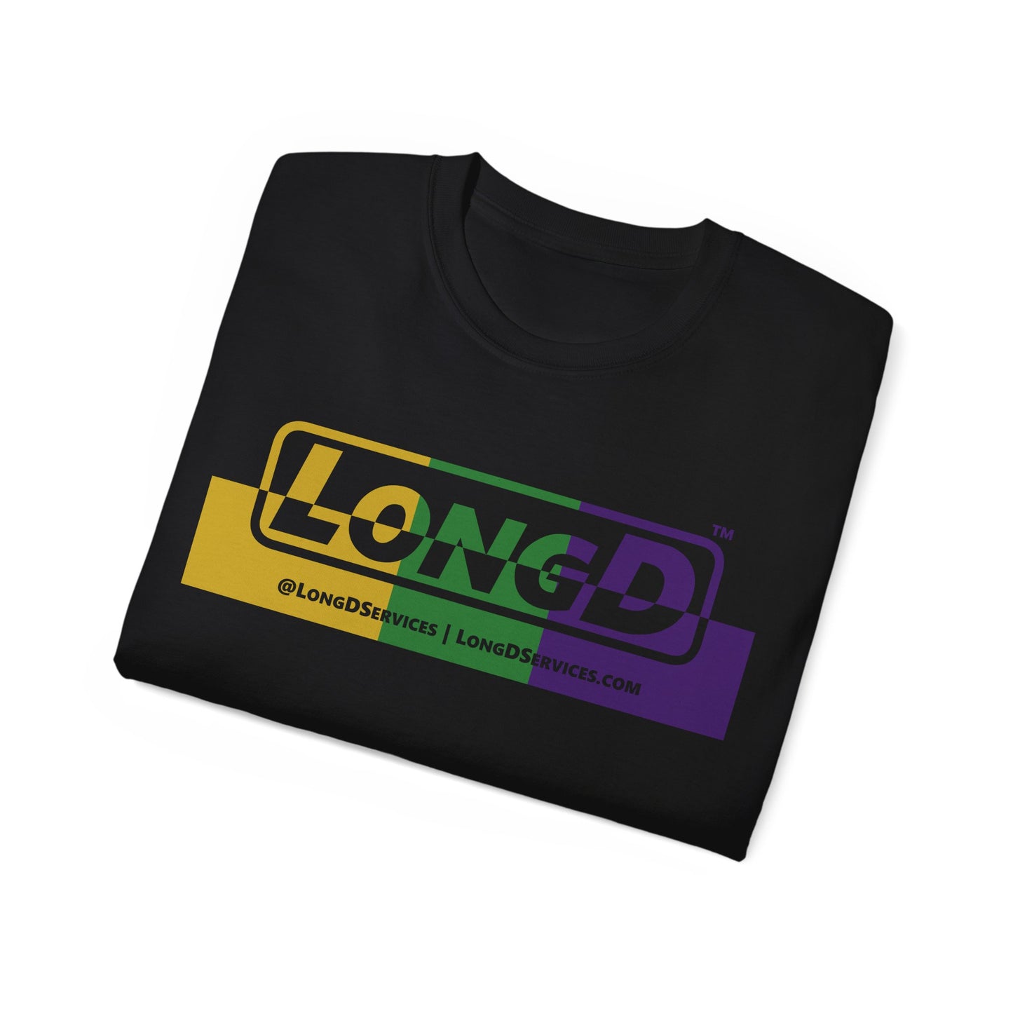 LongD® Logo Cotton Tee (positive top and negative bottom Mardi Gras colored text)