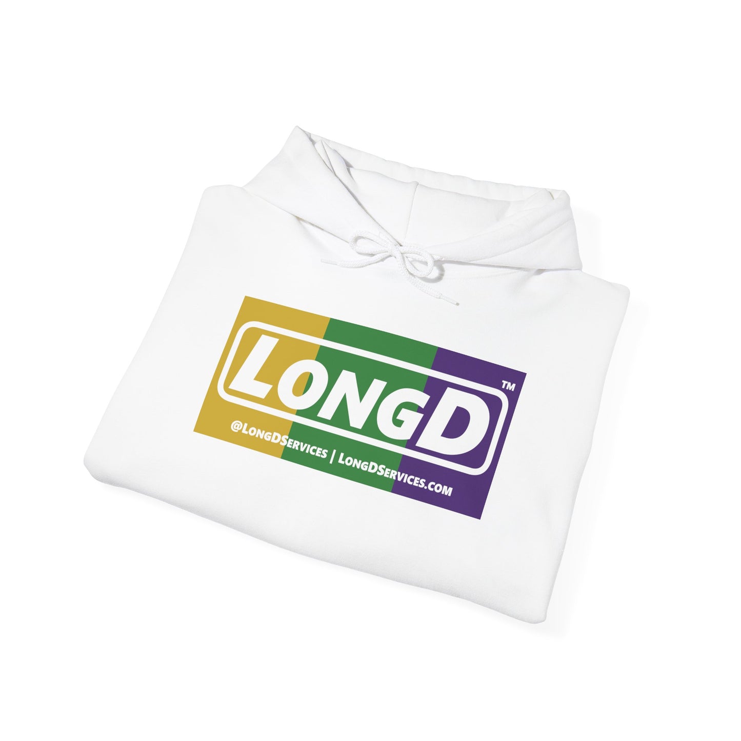 LongD® Logo Hoodie (Mardi Gras Forest Green-Royal Purple-Goldenrod Yellow negative text)