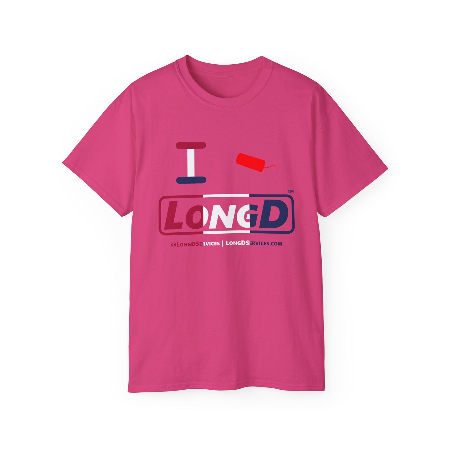 I Firecracker LongD® Logo Cotton Tee Red, White and Blue positive thirds text