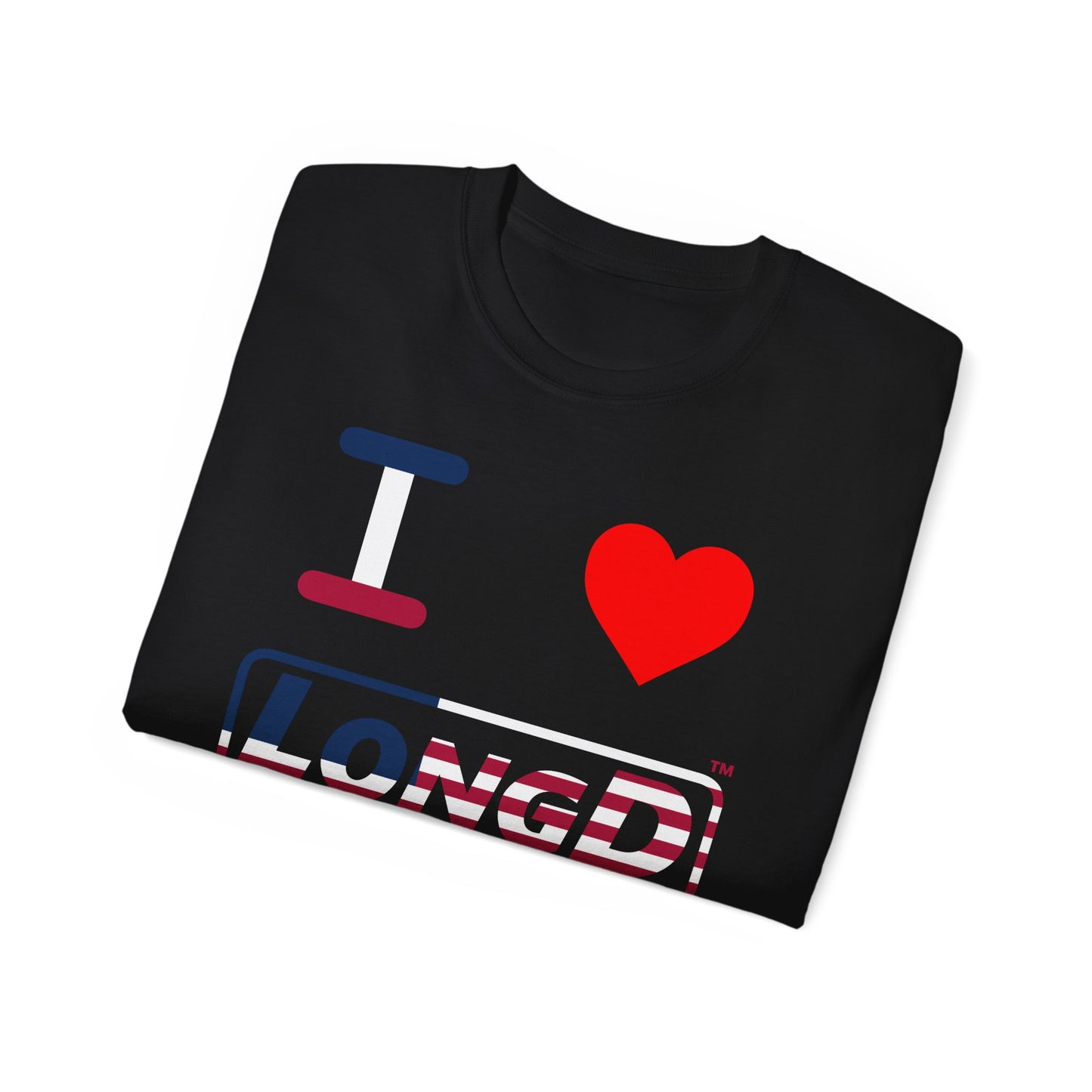 I Luv LongD® Logo Cotton Tee Red, White and Blue positive flag