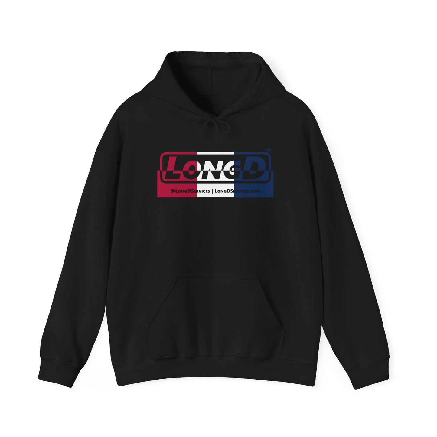 LongD® Logo Hoodie red, white and blue top positive bottom negative thirds