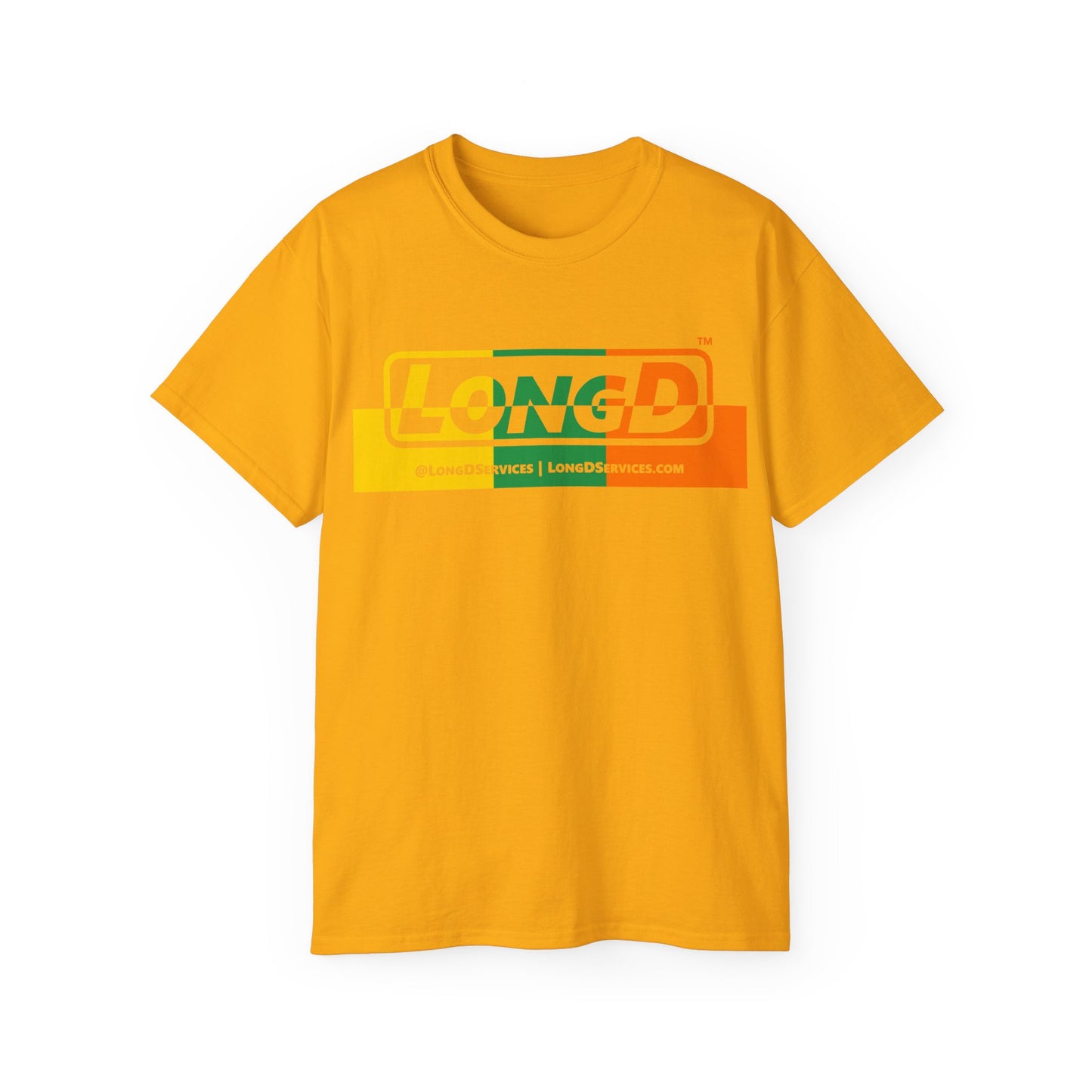 LongD® Logo Cotton Tee (St. Patrick's Day -Irish Green, Golden Yellow and Irish Orange thirds top-bottom positive-negative split)