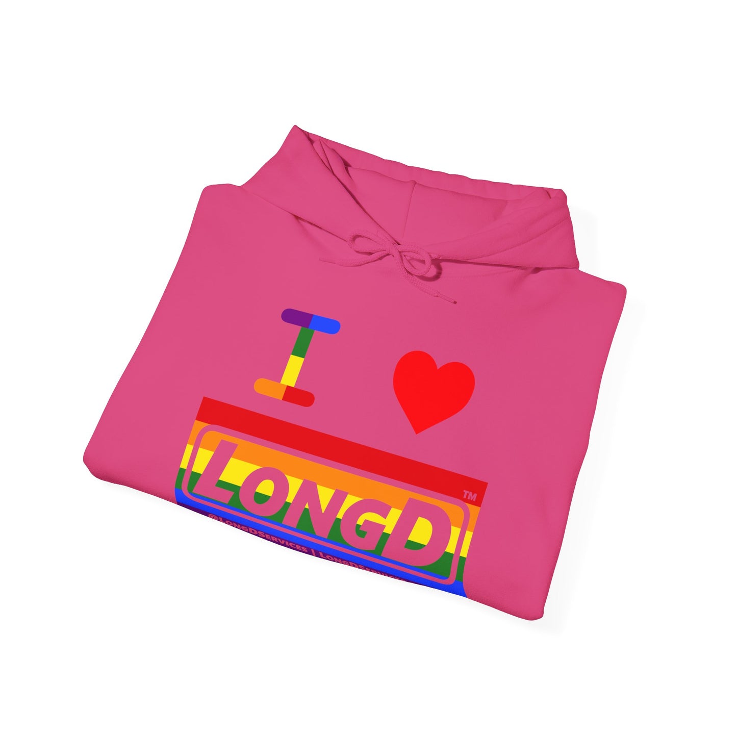 I Luv LongD® Logo Hoodie with Pride rainbow striped negative text