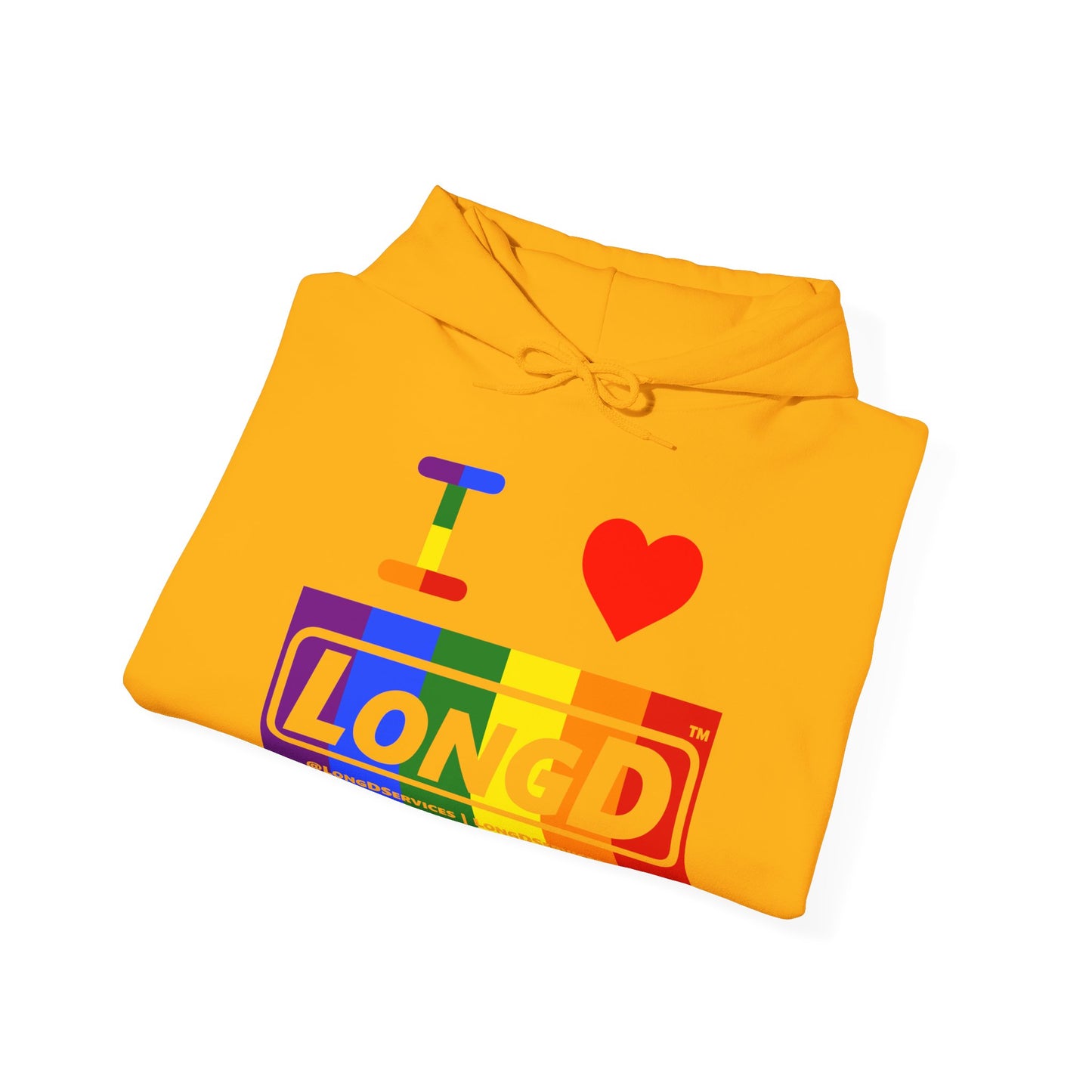 I Luv LongD® Logo Hoodie with Pride rainbow negative text