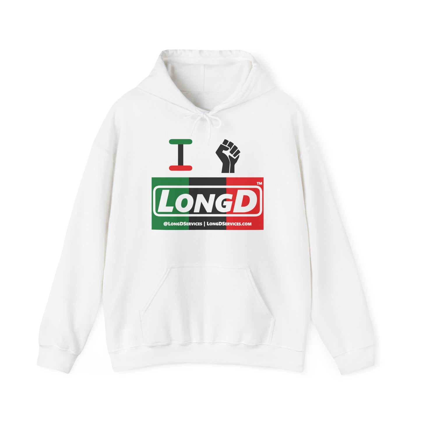 I Fist LongD® Logo Hoodie with Juneteenth black fist negative thirds text