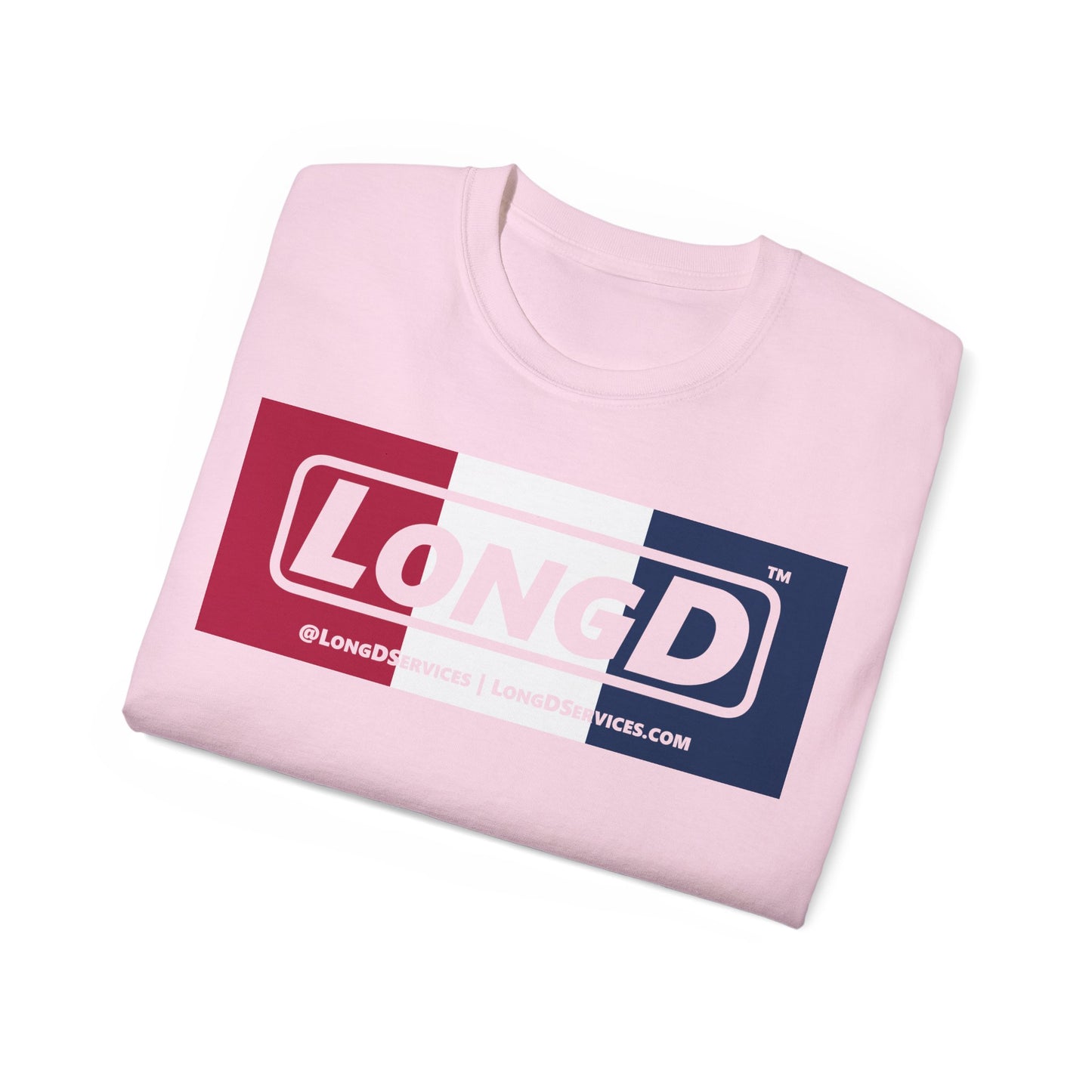 LongD® Logo Cotton Tee Red, White and Blue negative thirds text