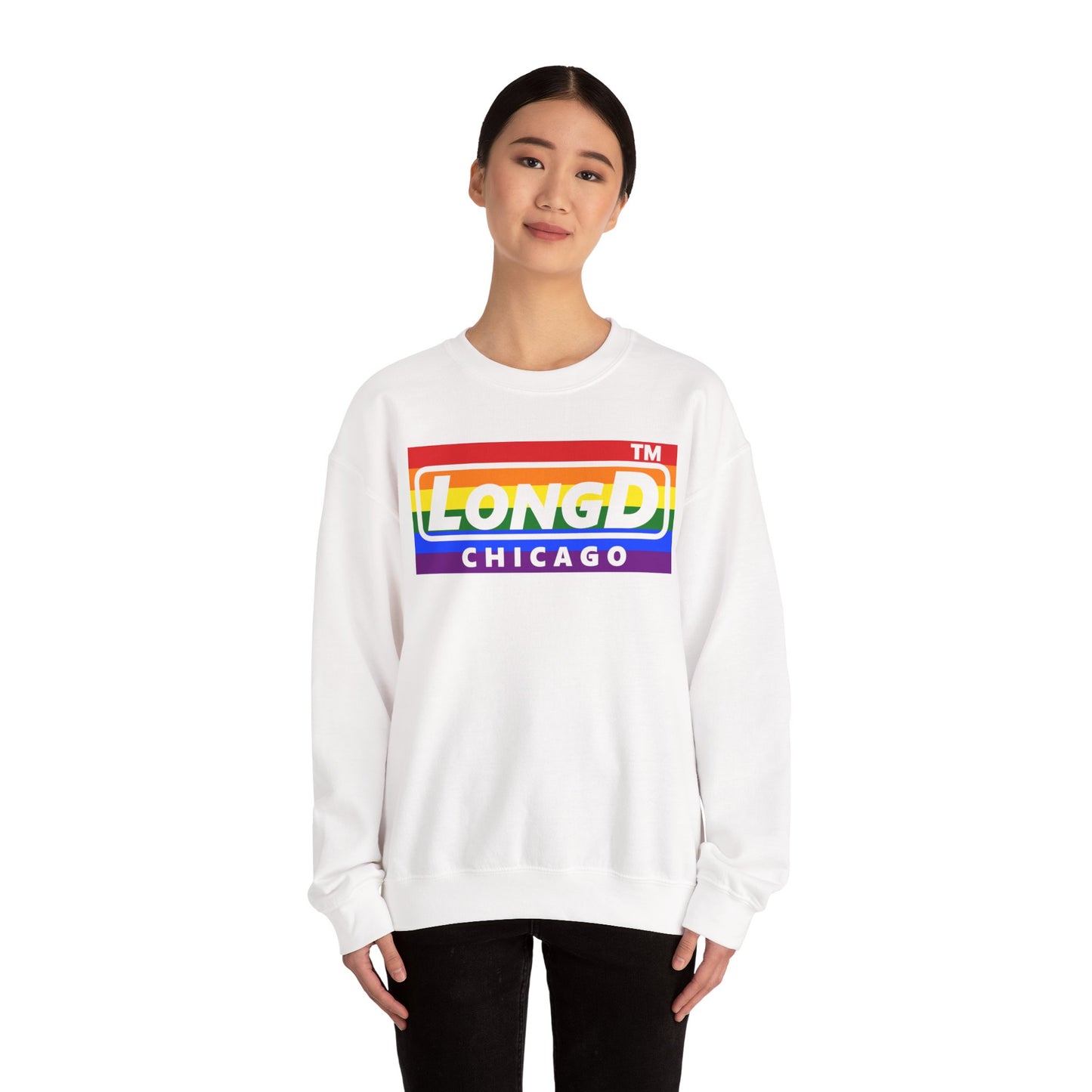 LongD negative horizontal striped Chicago logo crewneck sweatshirt (Pride colors)
